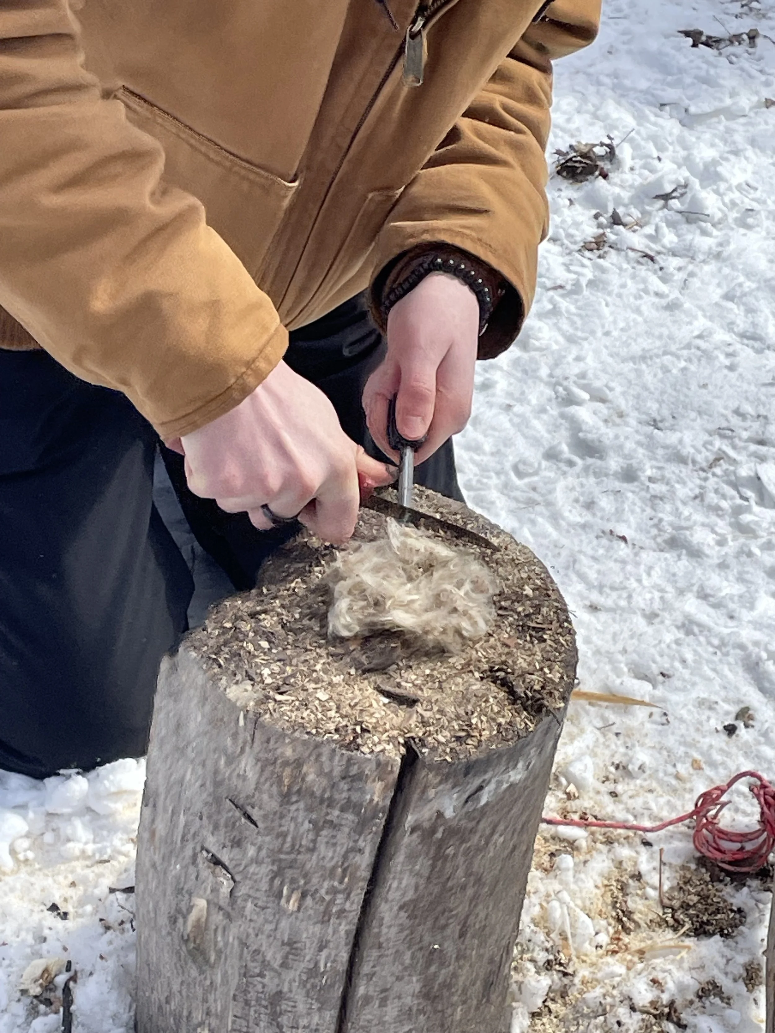 A person wearing a brown jacket and black pants is carving wood on a tree stump with a small knife, outdoors in a snowy area.