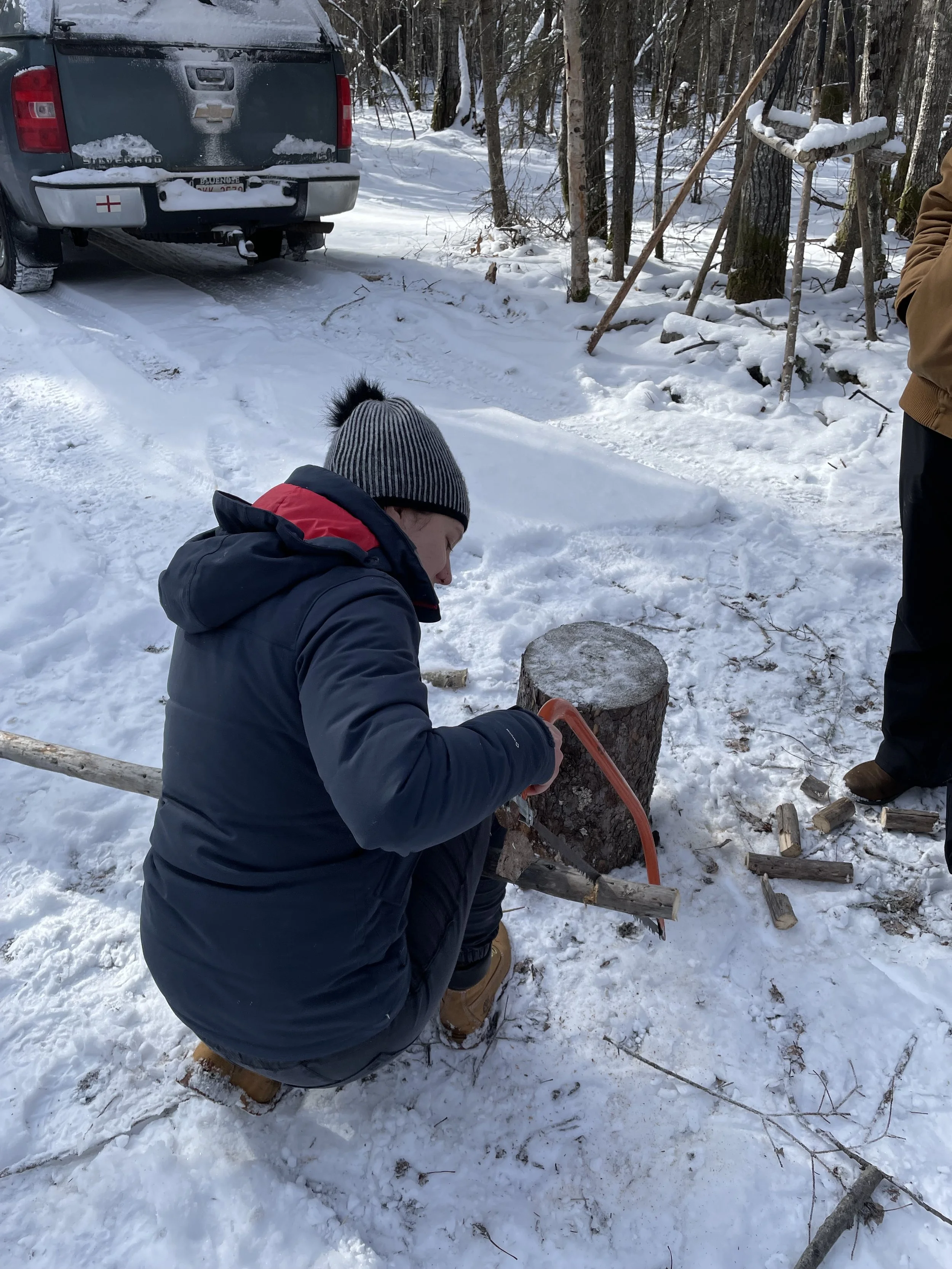 A person kneeling on snow in a forest, sawing a log on a tree stump with a handsaw, while another person stands nearby. A vehicle is parked in the background.