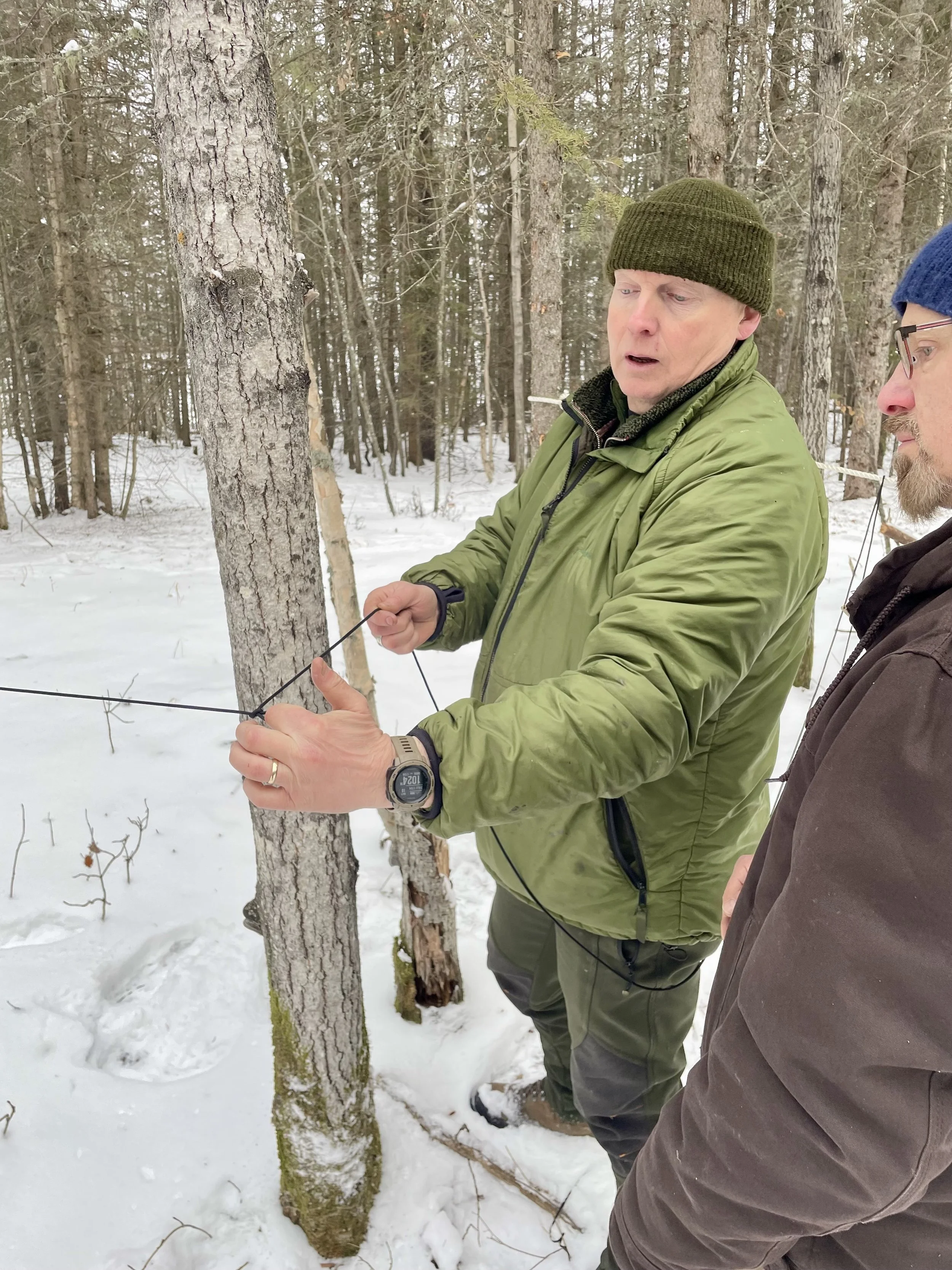 Two men examining and measuring a tree with a piece of string in a snowy forest.