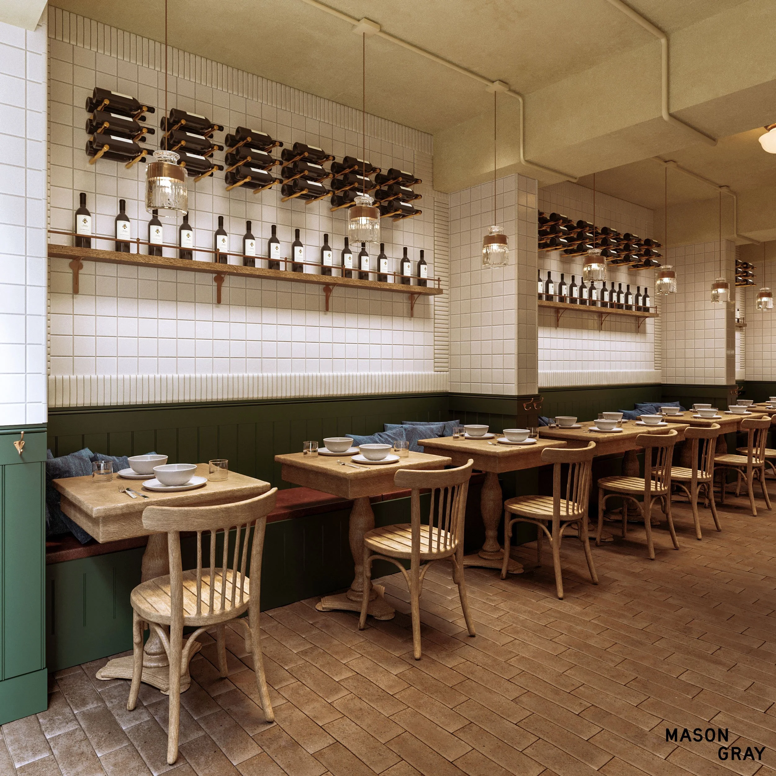 Restaurant render showing a long row of banquette seating with vertical wine bottle display, highlighting Mason Gray’s approach to restaurant interior design and spatial rhythm.