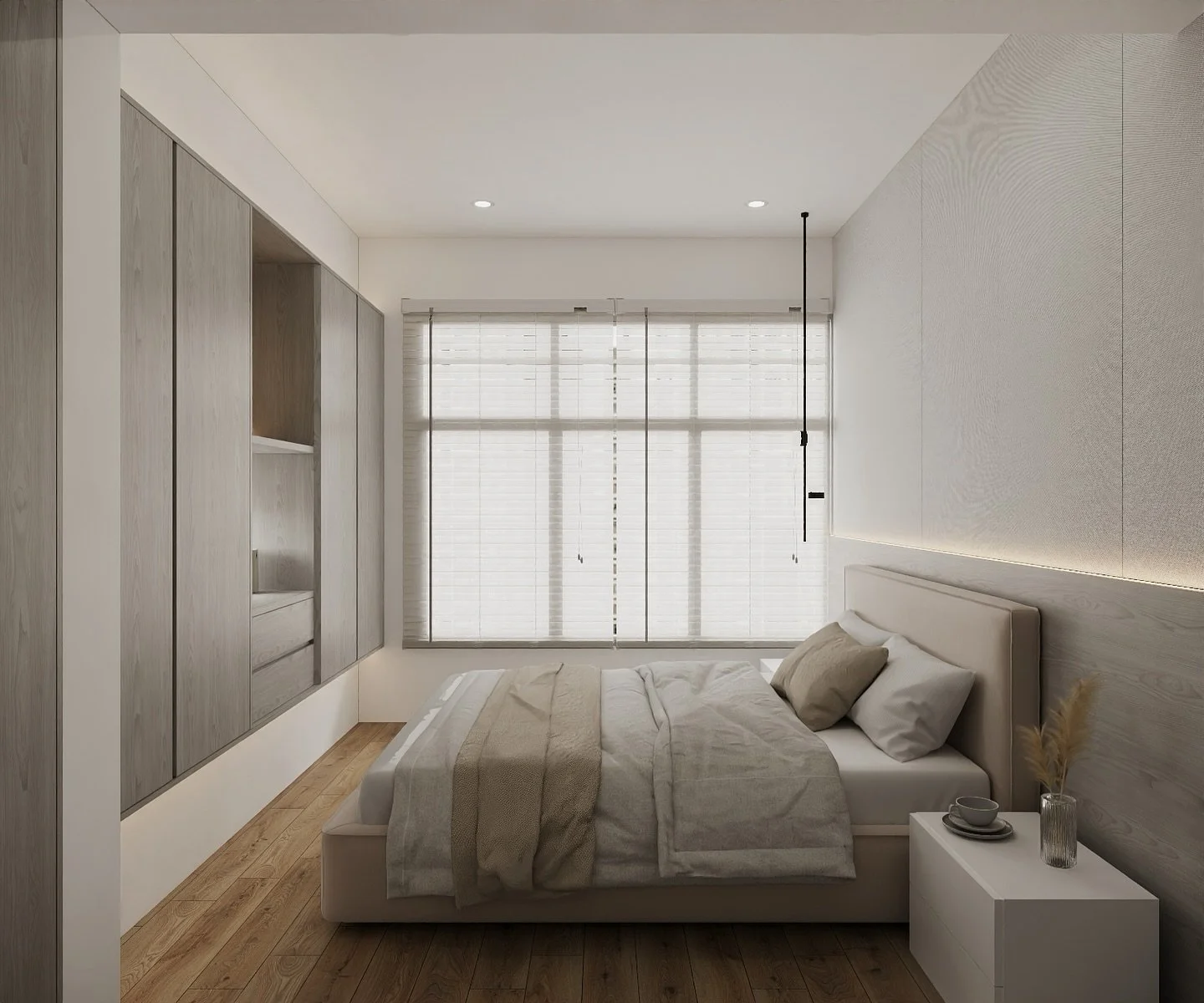 Immerse yourself in the serene ambiance of this simple yet stylish bedroom.