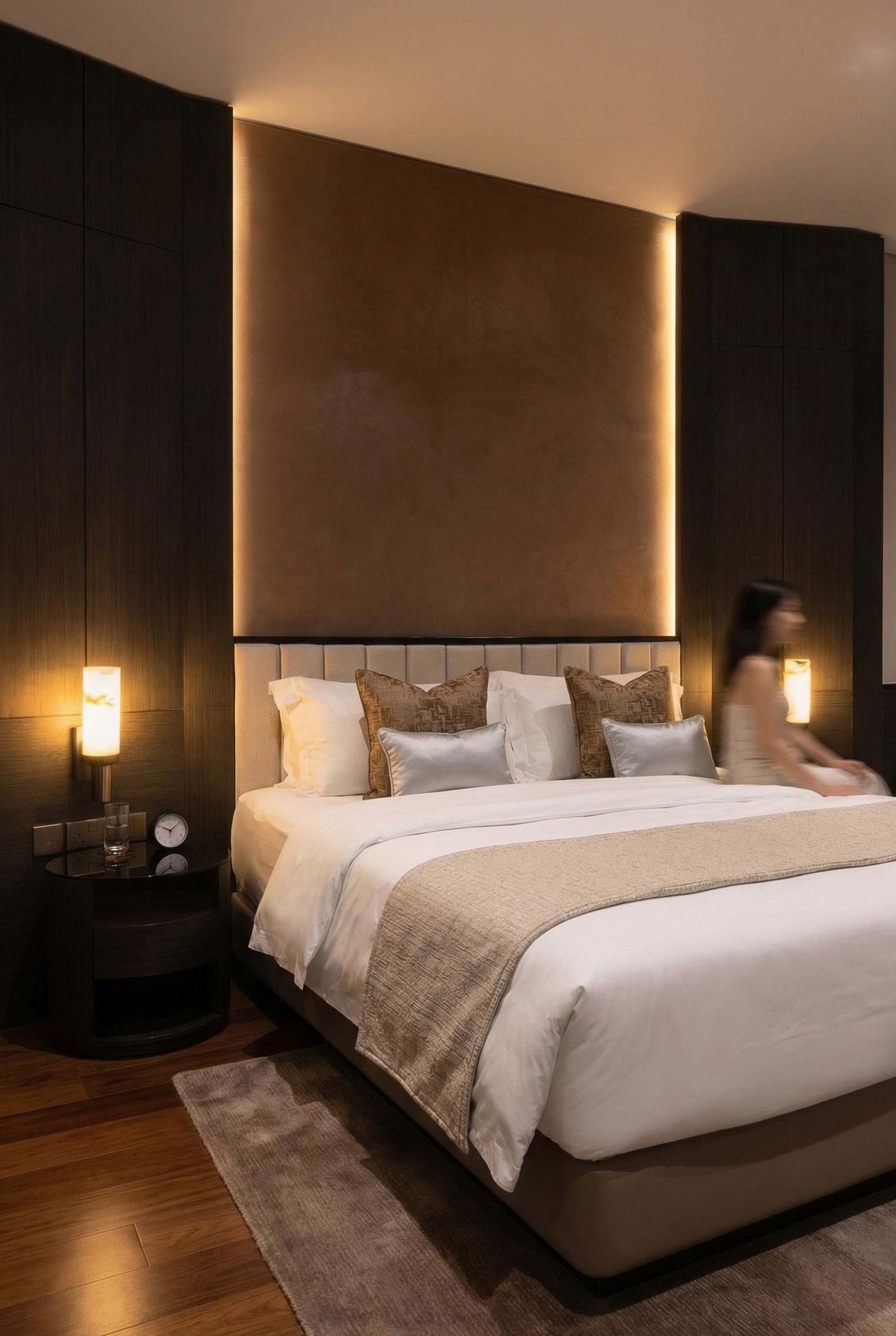 A modern hotel bedroom with a large bed, beige pillows, and dark wooden wall panels, illuminated by warm lighting.