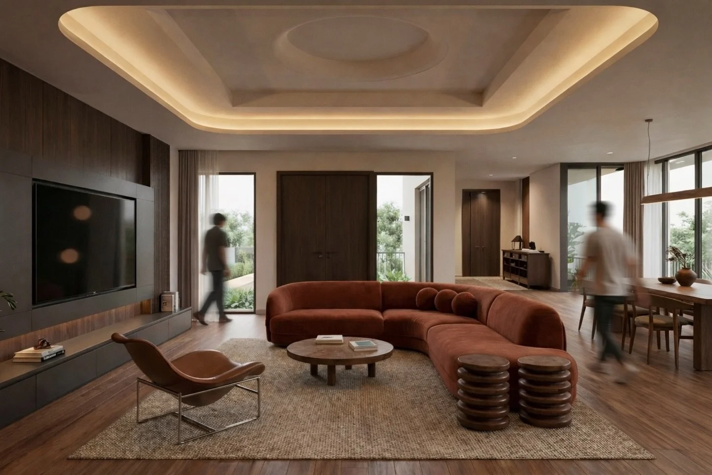 Open living and dining layout defined by timber panels, organic forms, and layered lighting, allowing the space to connect naturally.
.
.
#subtlesatostudio #FOsubtlesato