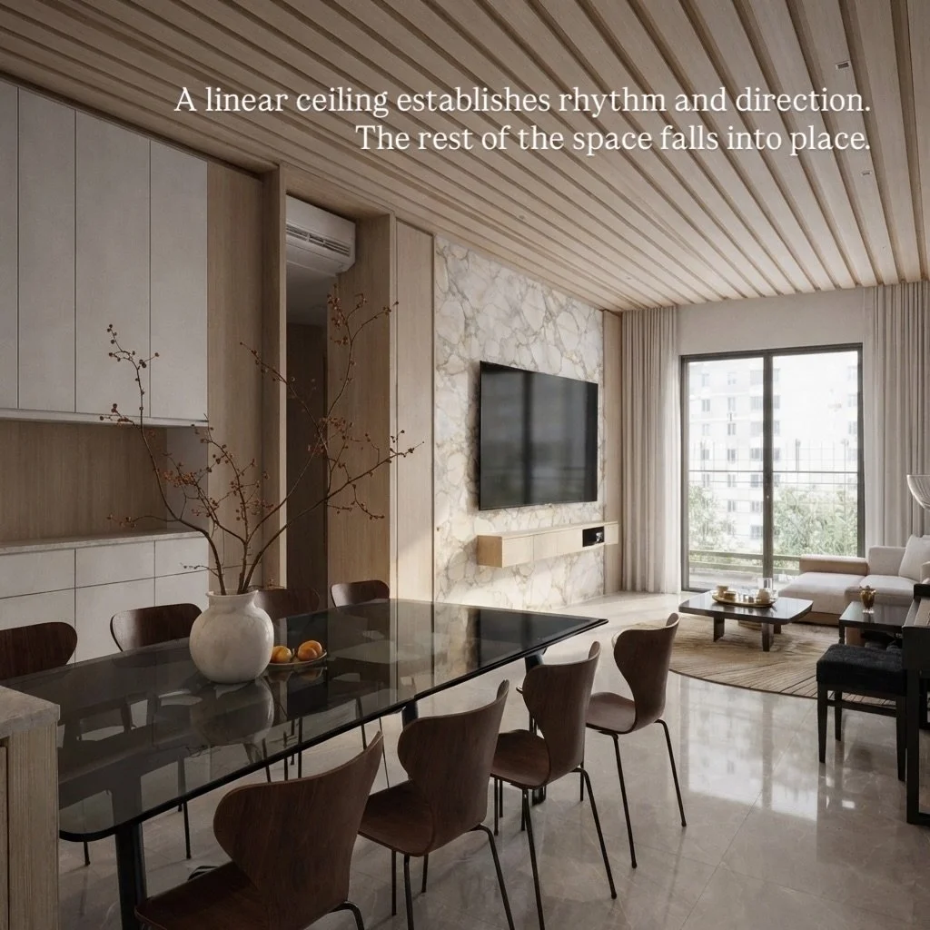 A linear ceiling establishes rhythm and direction.
Everything else responds.
.
.
.
#SubtleSatoStudio #Interior #linearceiling