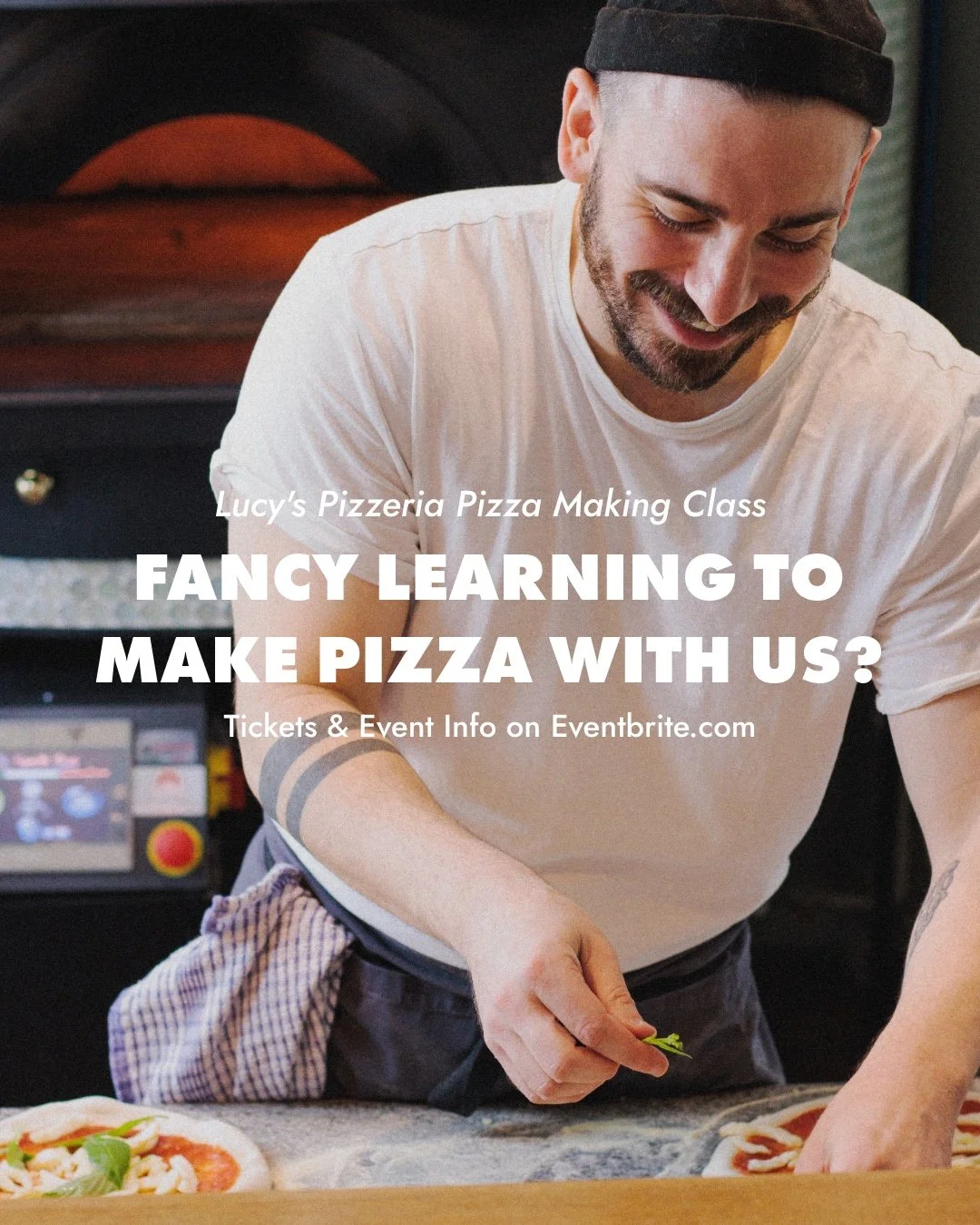 Poster advertising pizza making class at Lucys Pizzeria on Friday 23rd and Saturday 24th January, with details about two nights of Mexican flavors and a contact number for bookings.