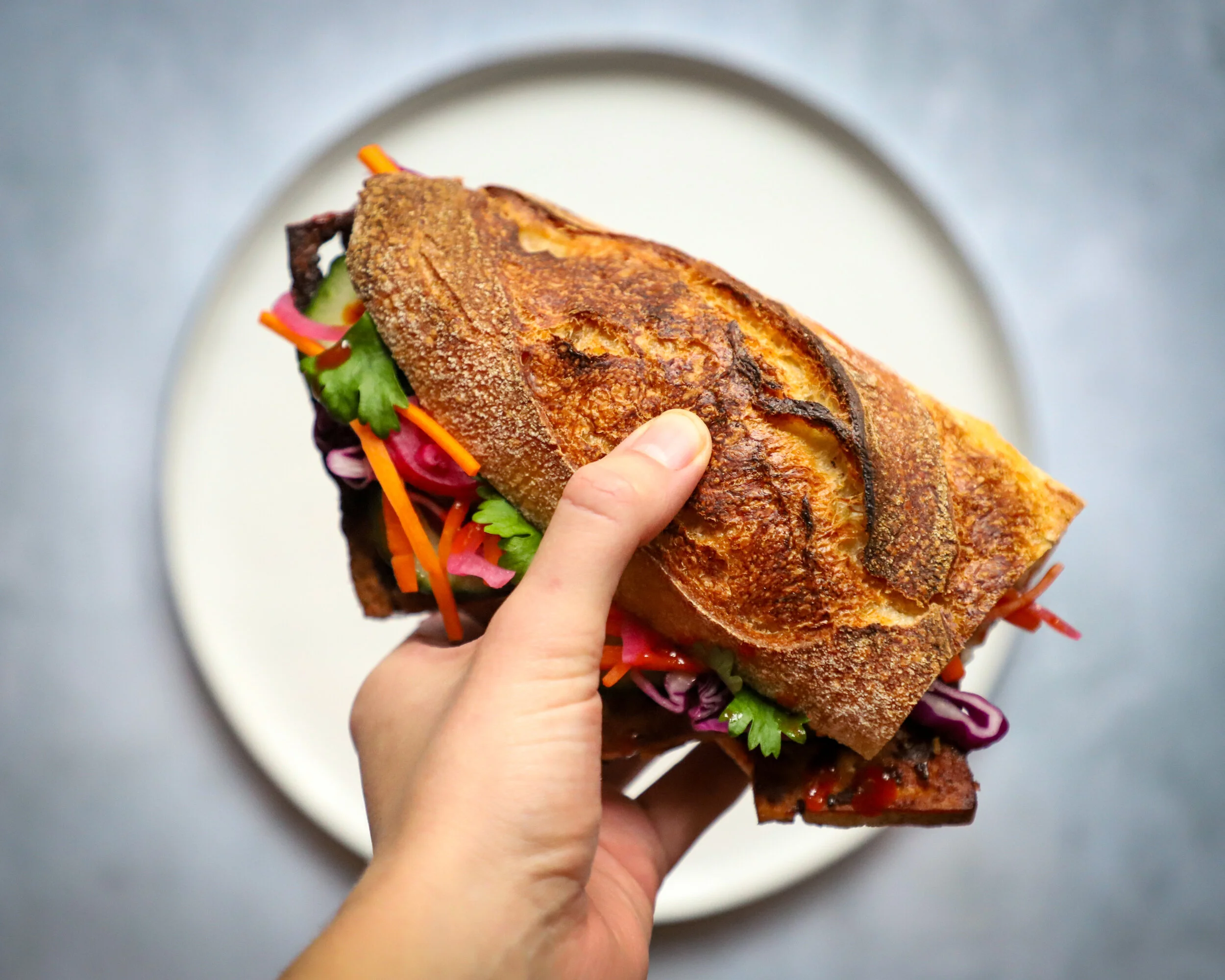 Bánh-mi with char siu tofu