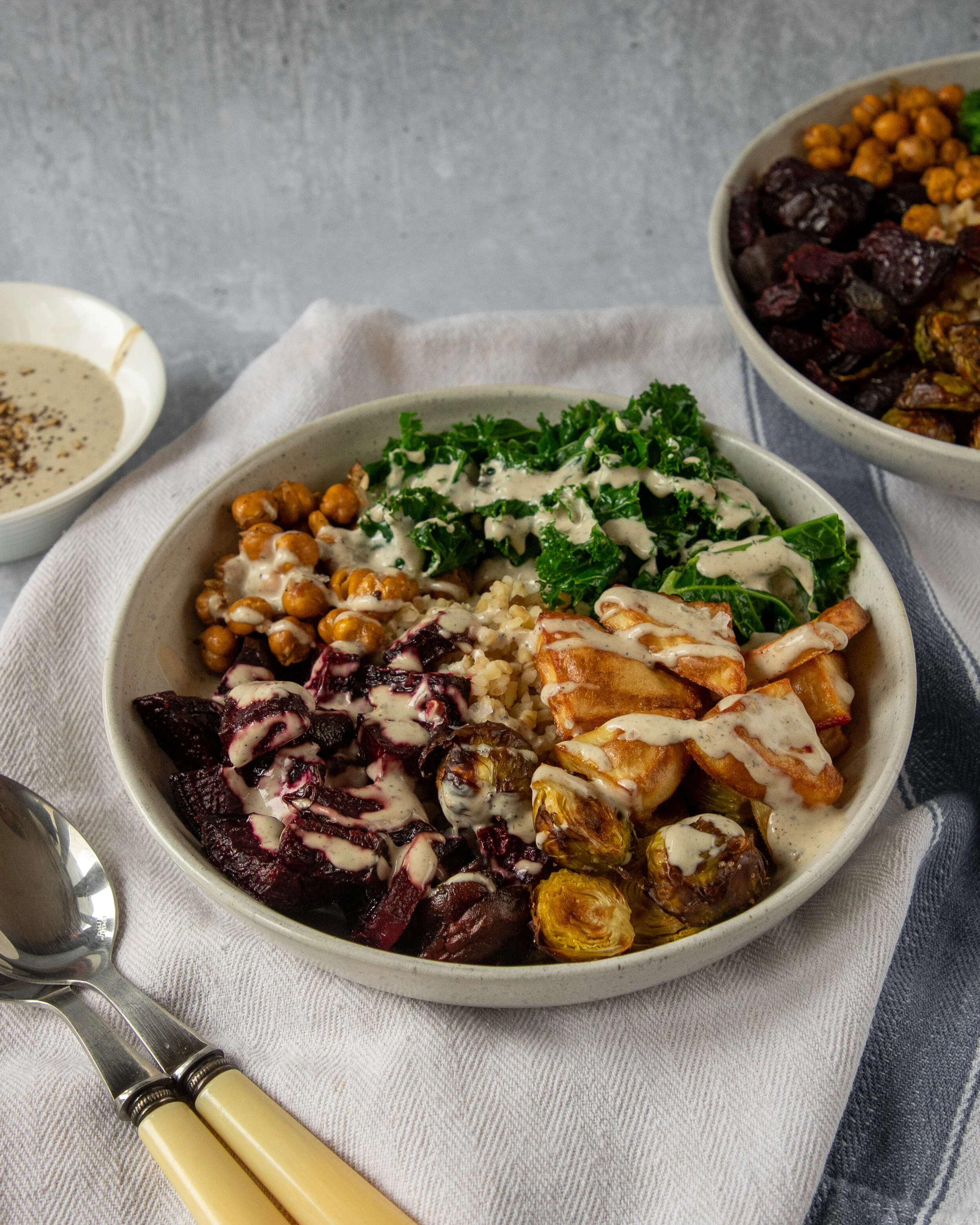 Winter vegetables bowl with tahini za’atar dressing