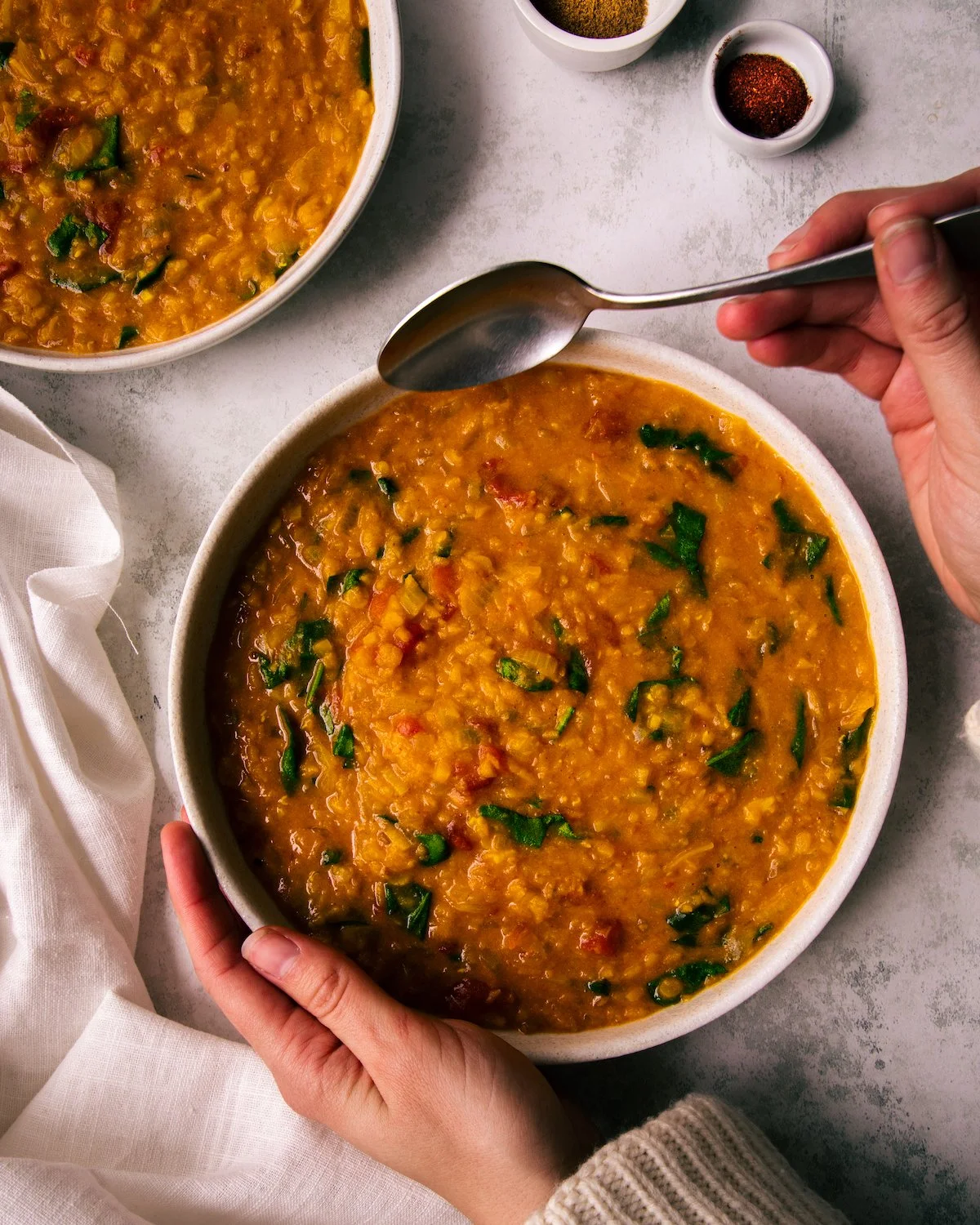 big bowl of hot red lentils soup