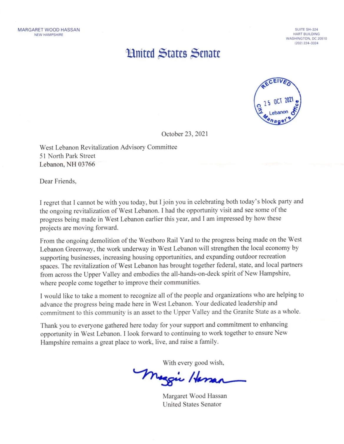Senator Maggie Hassan sends her support for West Lebanon Revitalization