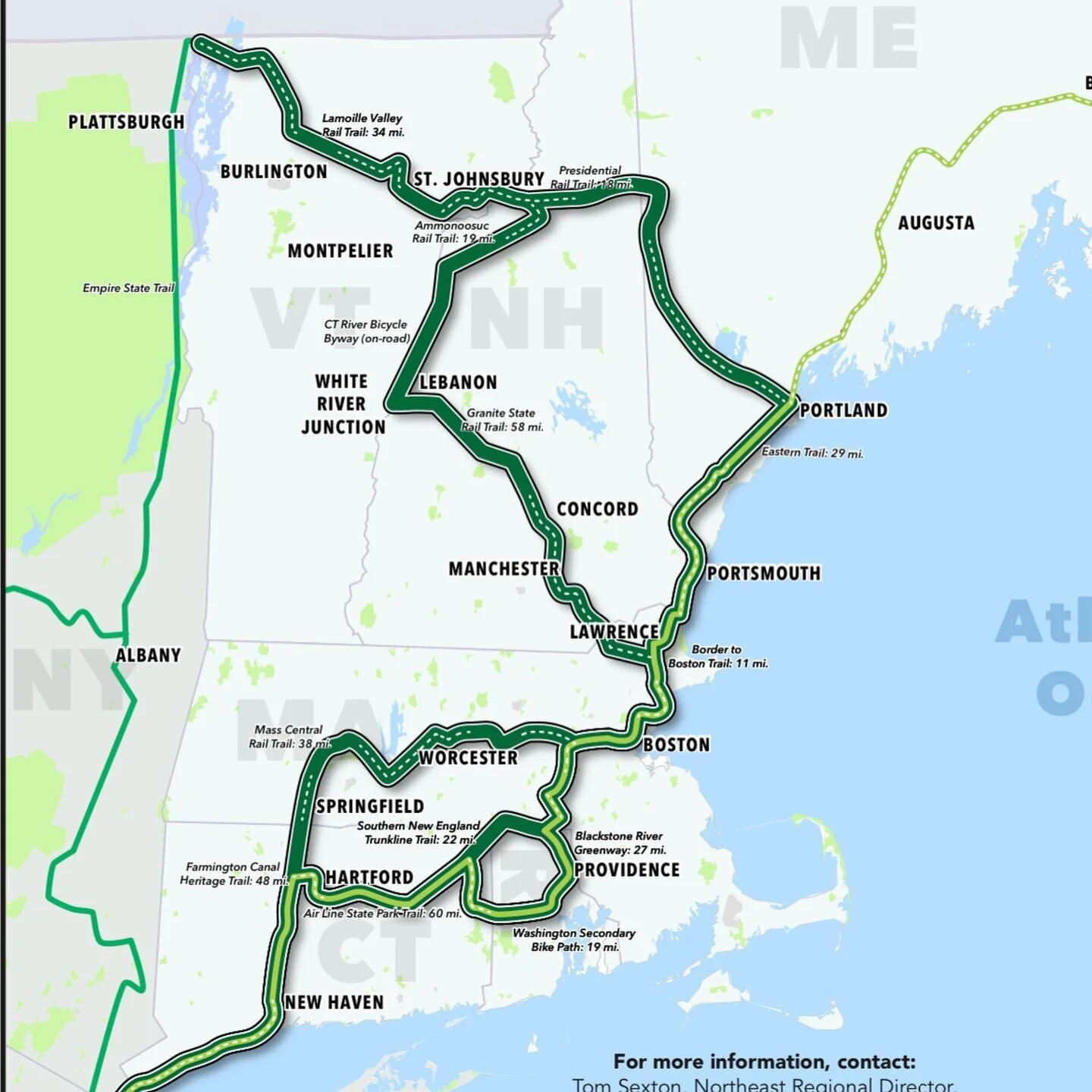 Check out the new map from our friends at @railstotrails showing the overall New England Rail Trail Network. Continuing on from the Northern Rail Trail and the Mascoma River Greenway, the West Leb Greenway helps connect to the region via trail.