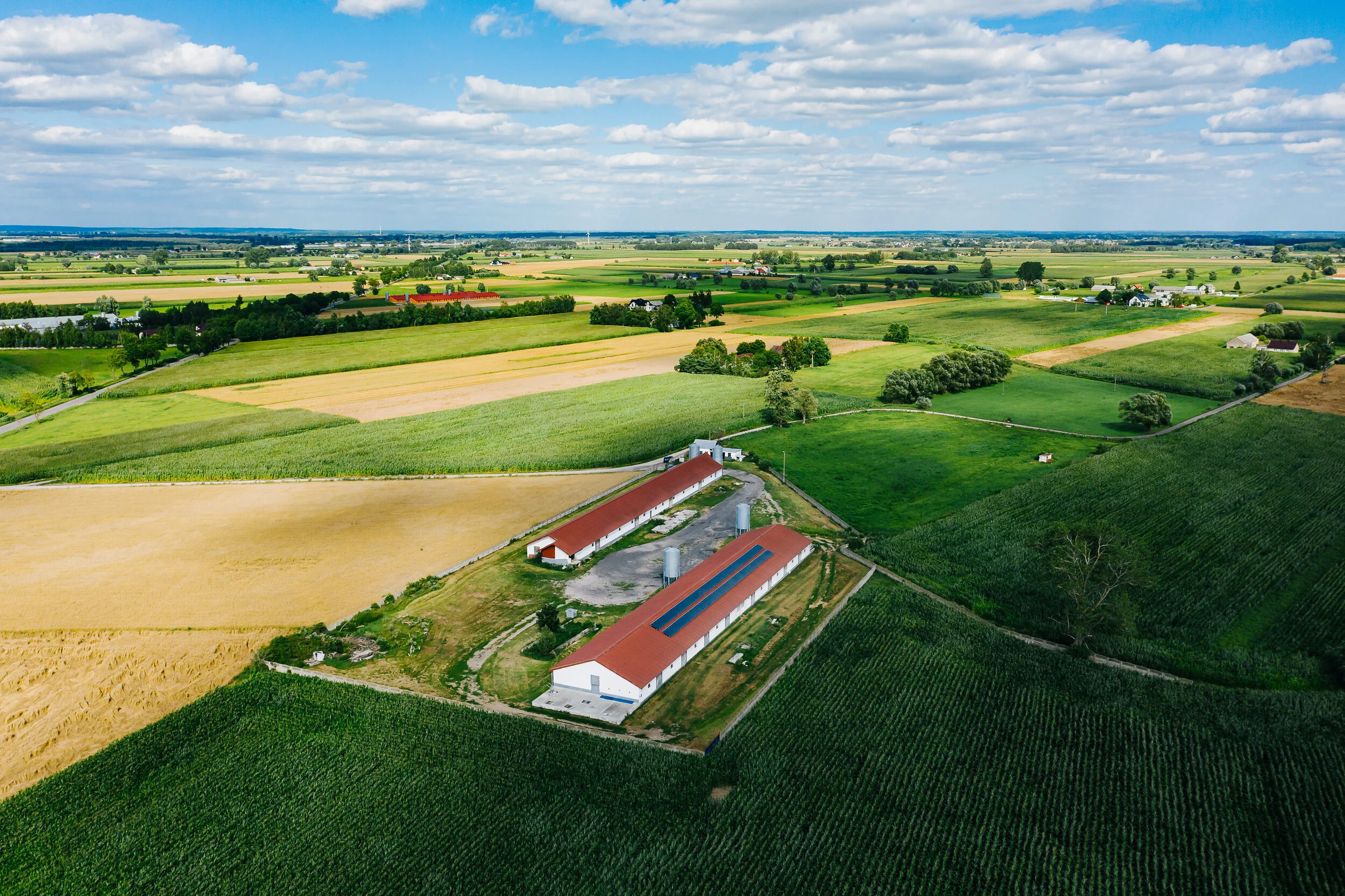 Aerial view of farmland with green fields, yellow crops, and barns with red roofs, including solar panels on one barn roof, and scattered trees across the landscape under a partly cloudy sky.