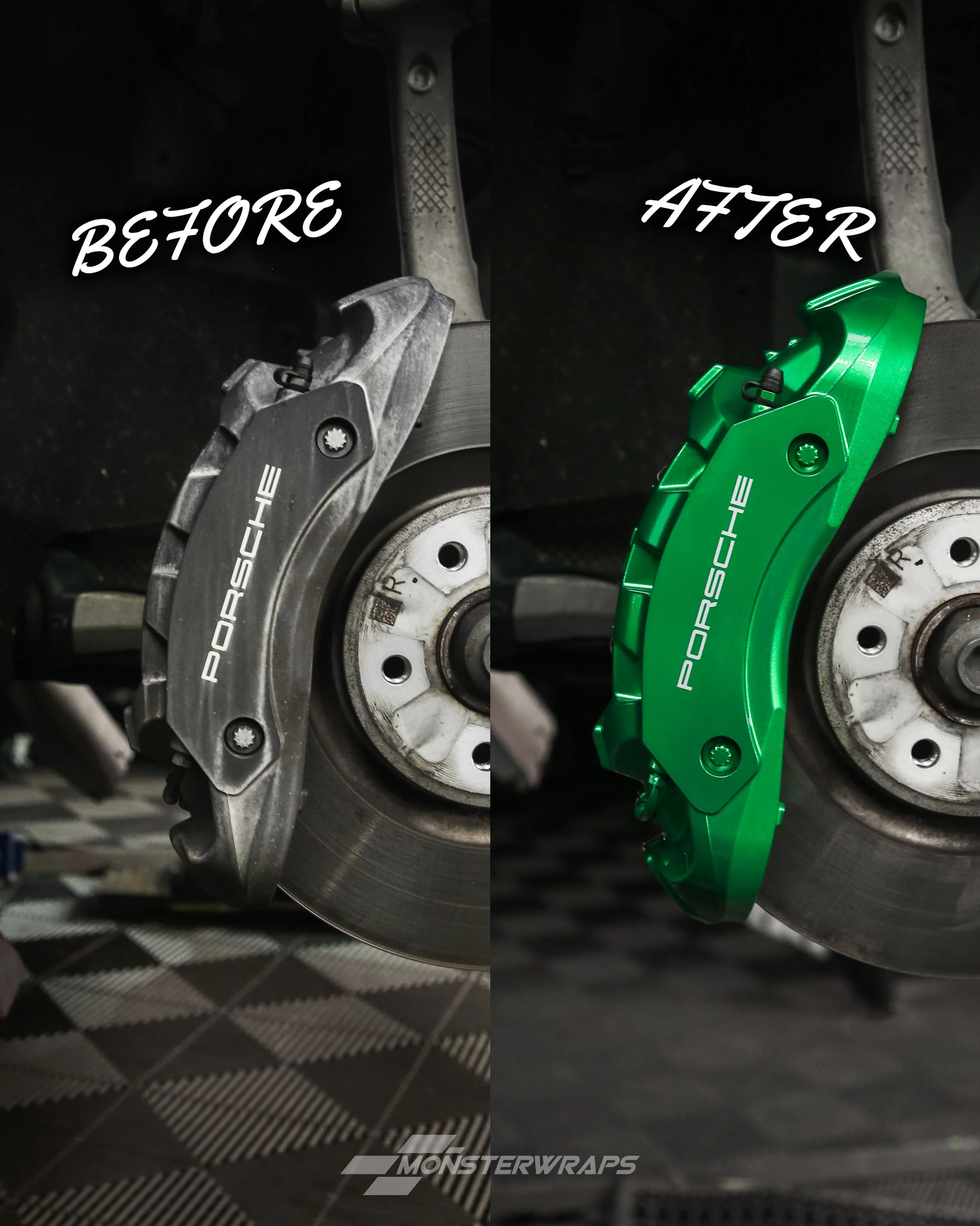 porsche macan brake calipers painted in a custom gloss green metallic colour with gloss silver decals stickers applied on top