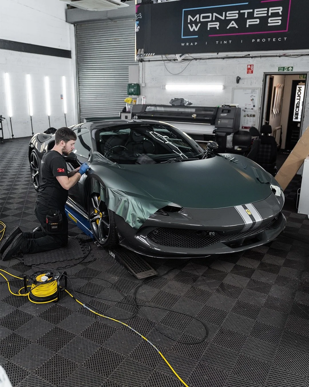 It&rsquo;s not everyday, we get the pleasure of having one of these beauties in our workshop! 😮&zwj;💨😍 #Ferrari298GTS 🔥

Wrapped up using the ever so popular 3M Matte Pine Green Metallic! 💪 &amp; Finished with full body stripes, and a low-line p