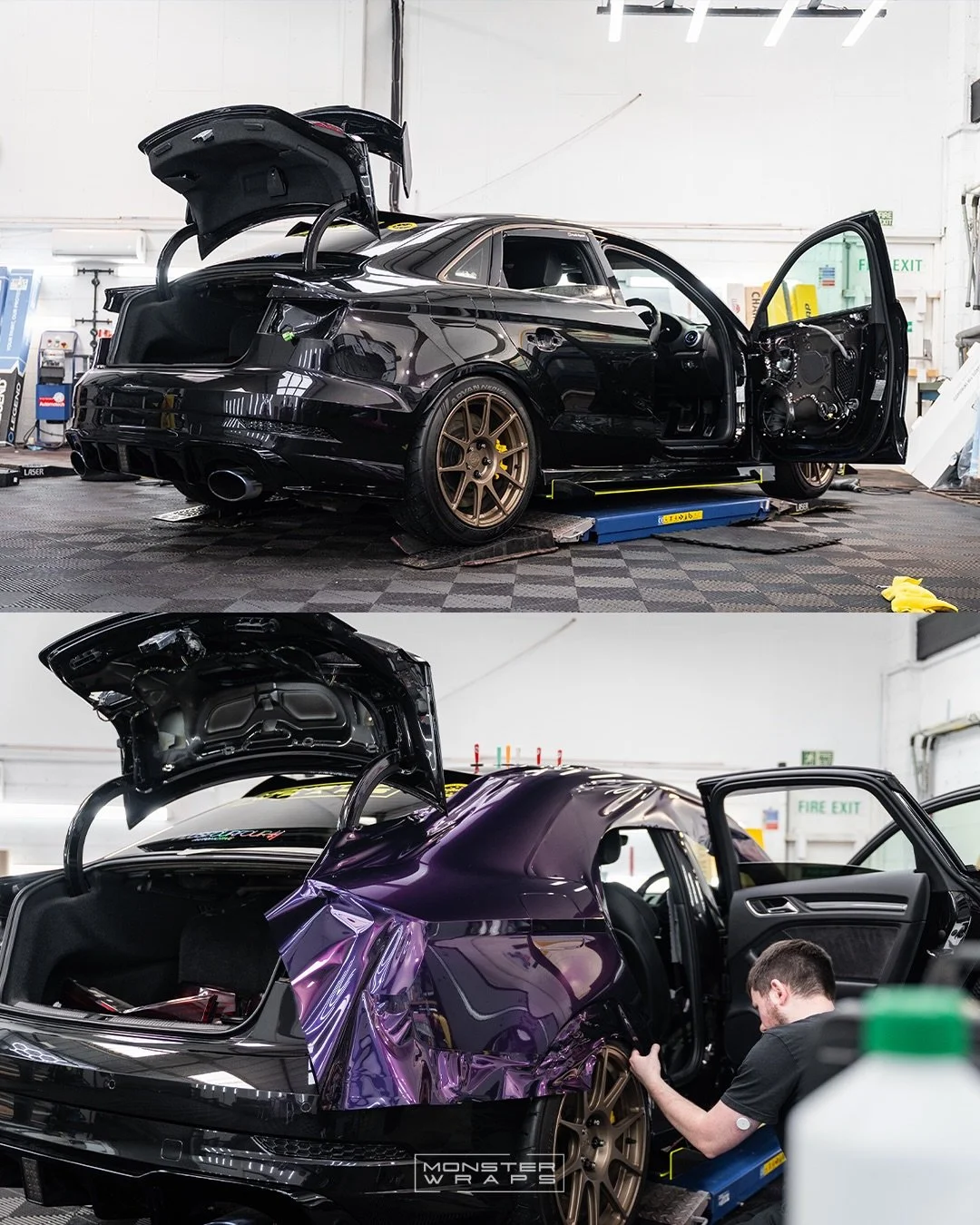 Transforming the look of ⚫️➡️💜 @rs3_565 , with a full external wrap using @teckwrap Black Cherry Ice 😈 and a custom Fluorescent Yellow livery ⚠️⭐️ 

We also added ! ⬇️

😎 Purple Mist chameleon tint to the front windows (inc. windscreen)

👌 Pinstr