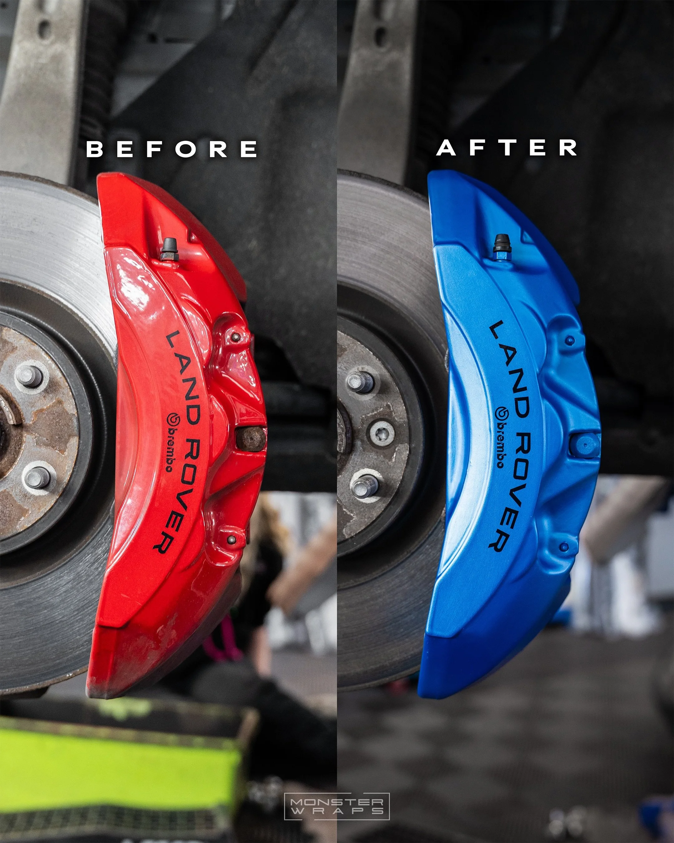 From red ➡️➡️ Matte Azul Blue 🥶🥶 We changed up the colour of these Land Rover Defender 90 calipers by painting them in this fresh colour 🤩 

#caliperpainting #monsterwraps