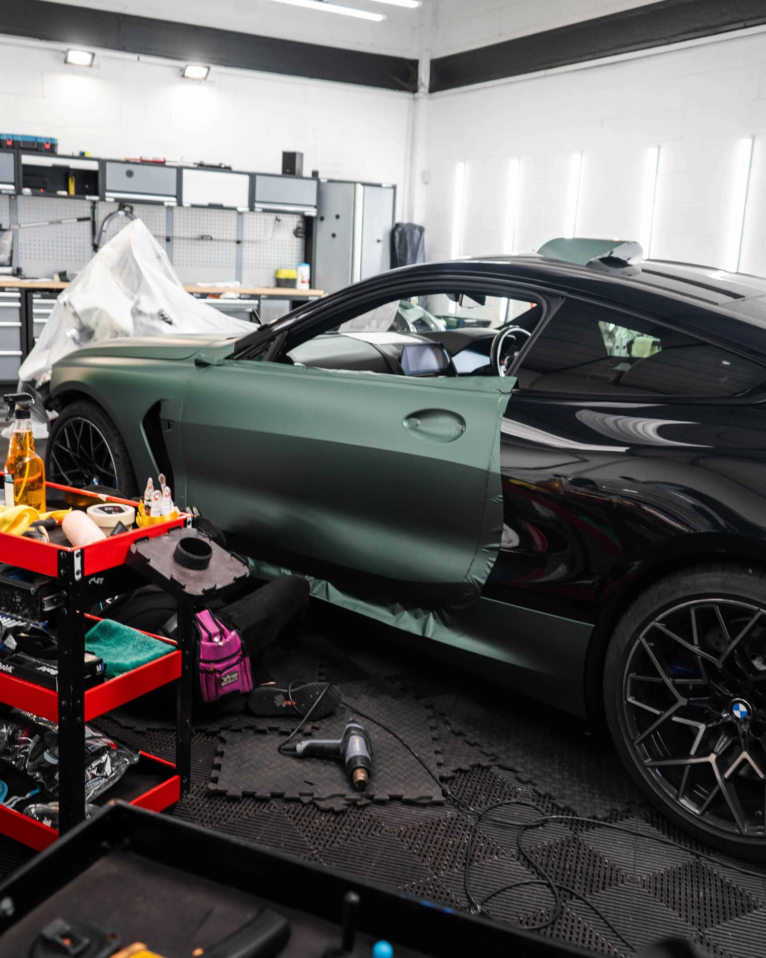 BMW M8 Competition full colour change vinyl wrap 3M matte pine green metallic