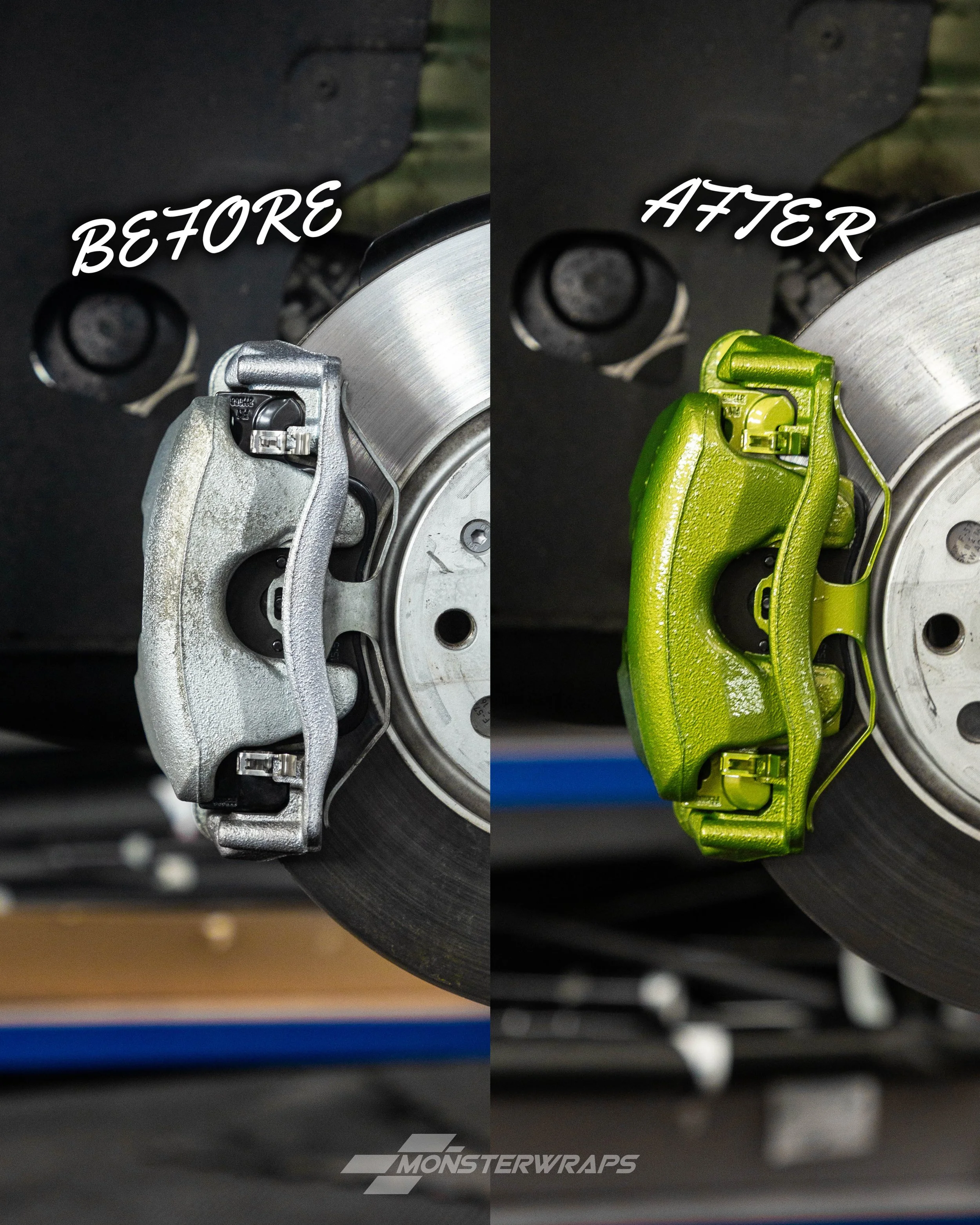 Volkswagen VW Caddy brake calipers colour matched and painted in Gloss Golden Green Metallic