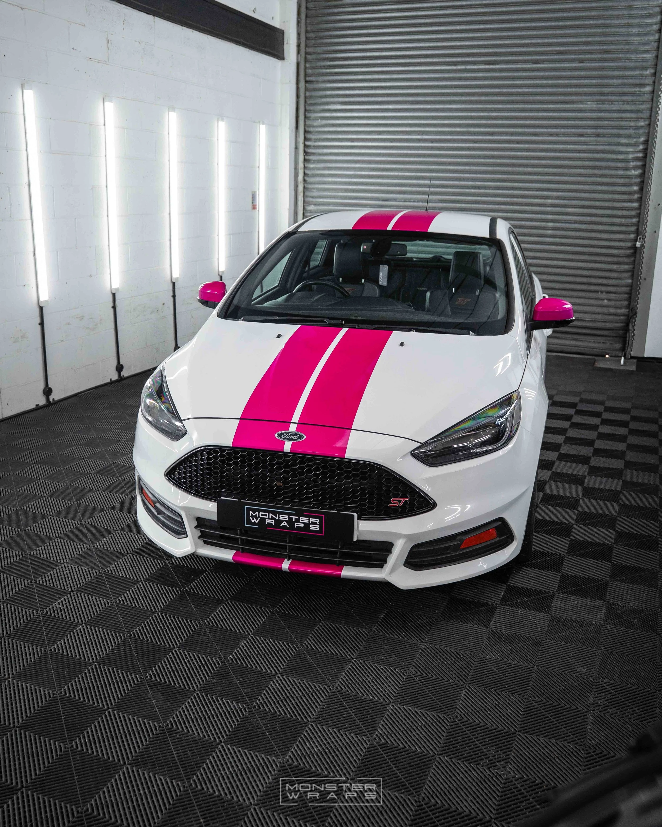 Ford Focus ST MK3 - KPMF Gloss Momentum Pink full body viper stripes wing mirror wrap