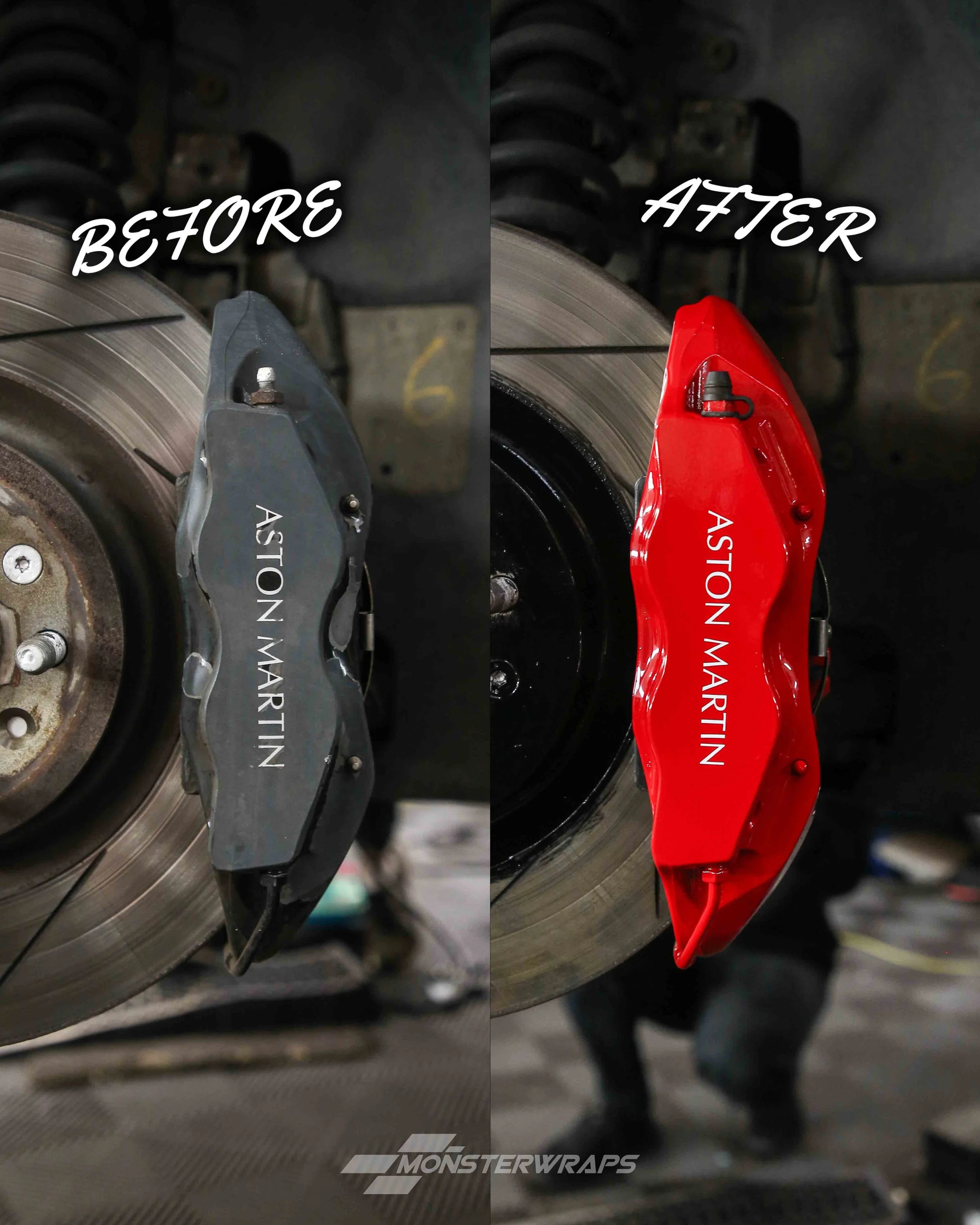 aston martin DB9 brake calipers painted in gloss performance red