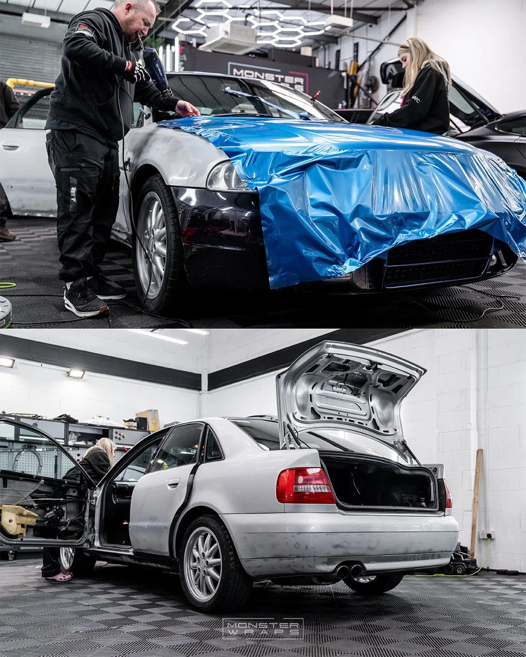 Audi A4 B5 full colour change vinyl wrap Oracal 970 Azure Blue Metallic