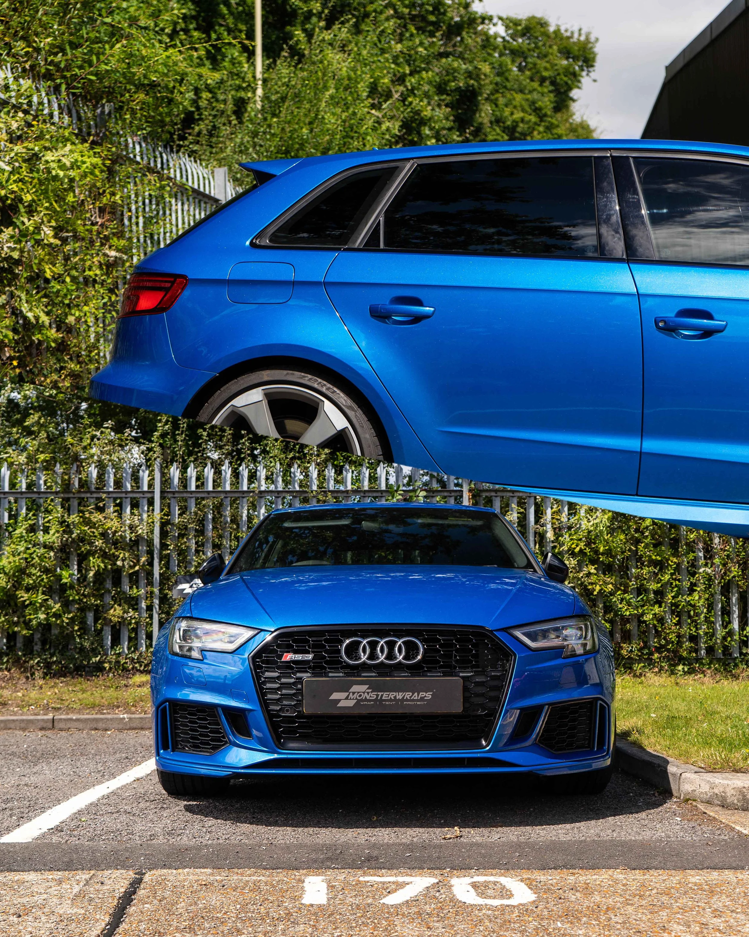 Audi RS3 8V Sportback window surrounds and front honeycomb grille surround dechromed in Gloss Black