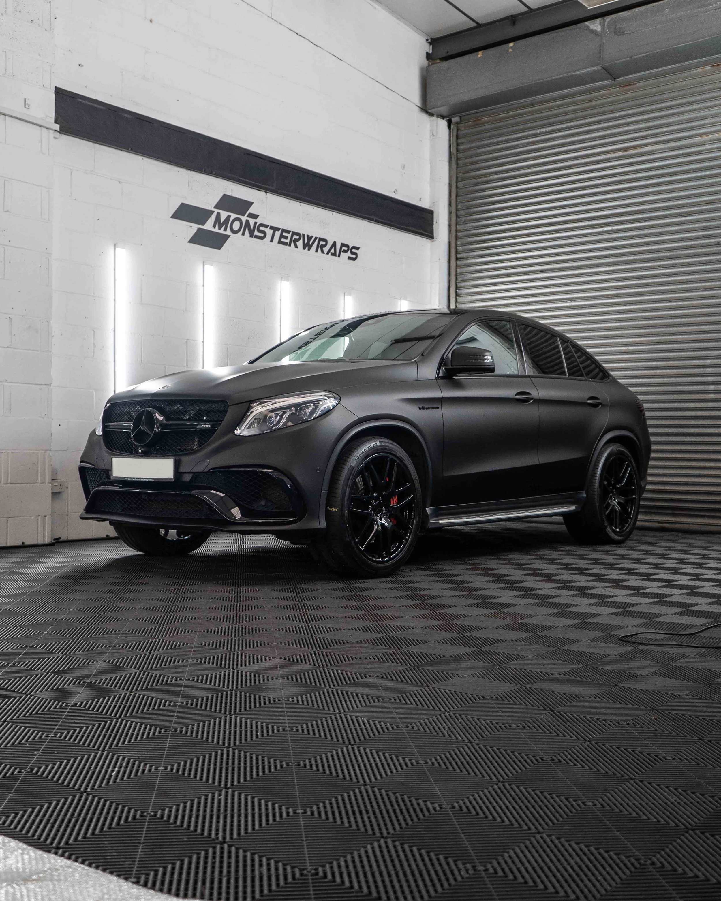 Mercedes AMG GLE 63S full colour change wrap in 3M matte black, gloss black chrome delete black pack and gloss black powder-coated wheels