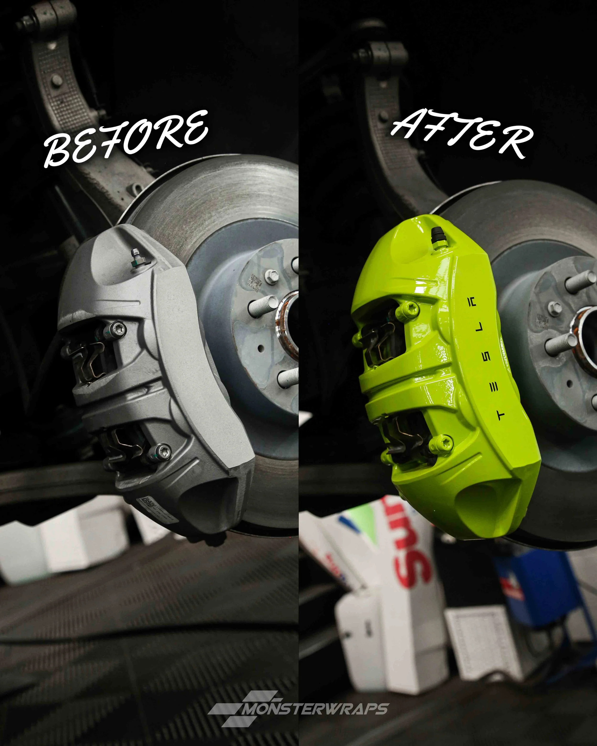 tesla model Y brake calipers painted in gloss acid green