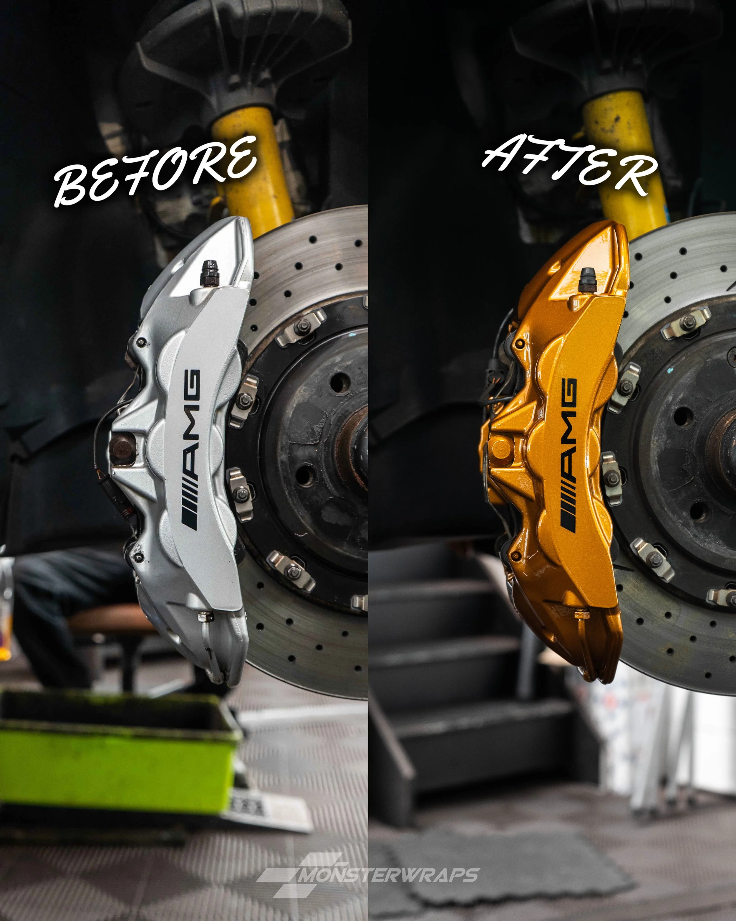 Mercedes AMG C55 brake calipers painted in gloss AMG copper metallic