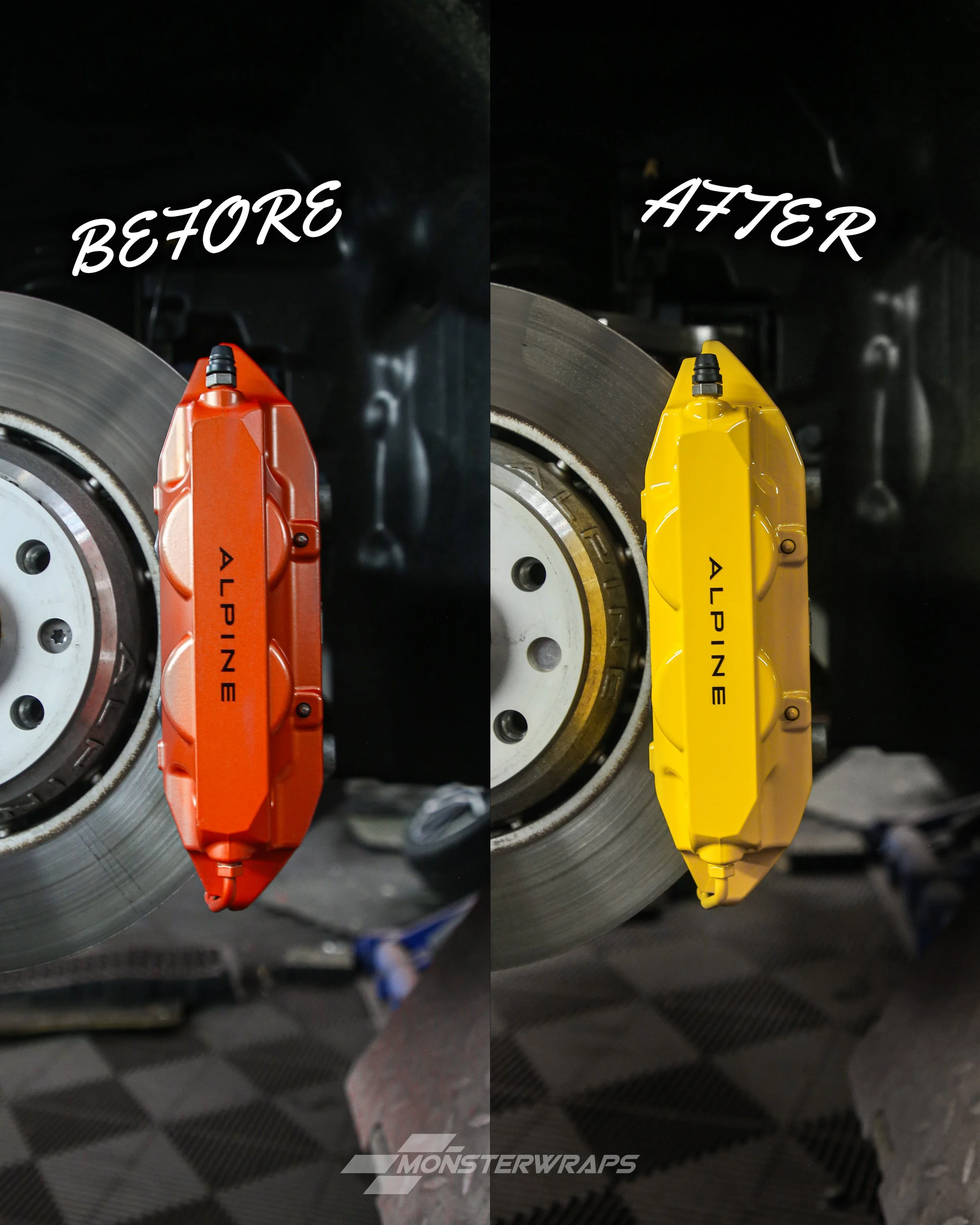 alpine A110s brake calipers painted in gloss bright yellow