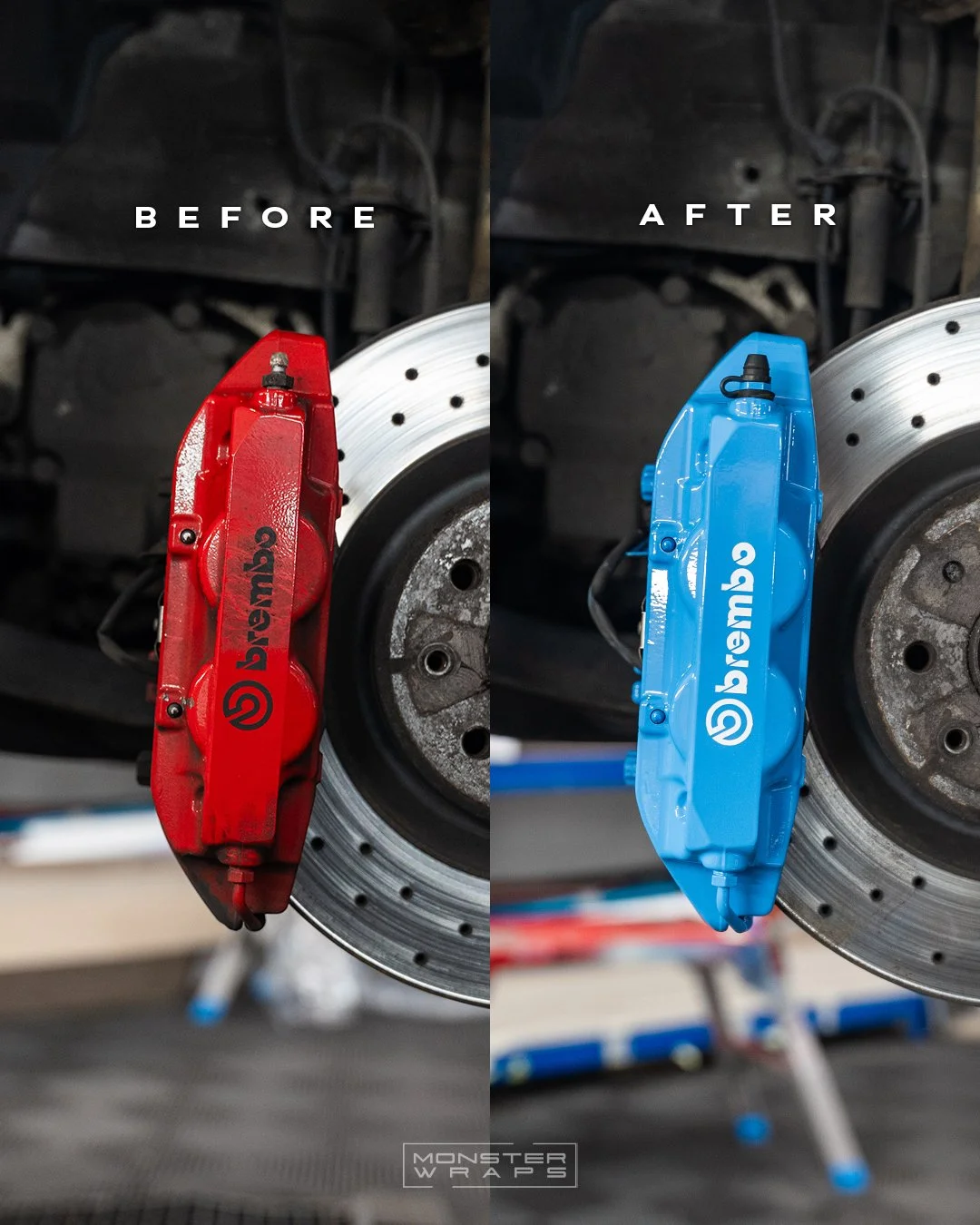 Abarth 595 Competizione brake calipers painted in Gloss Riviera Blue