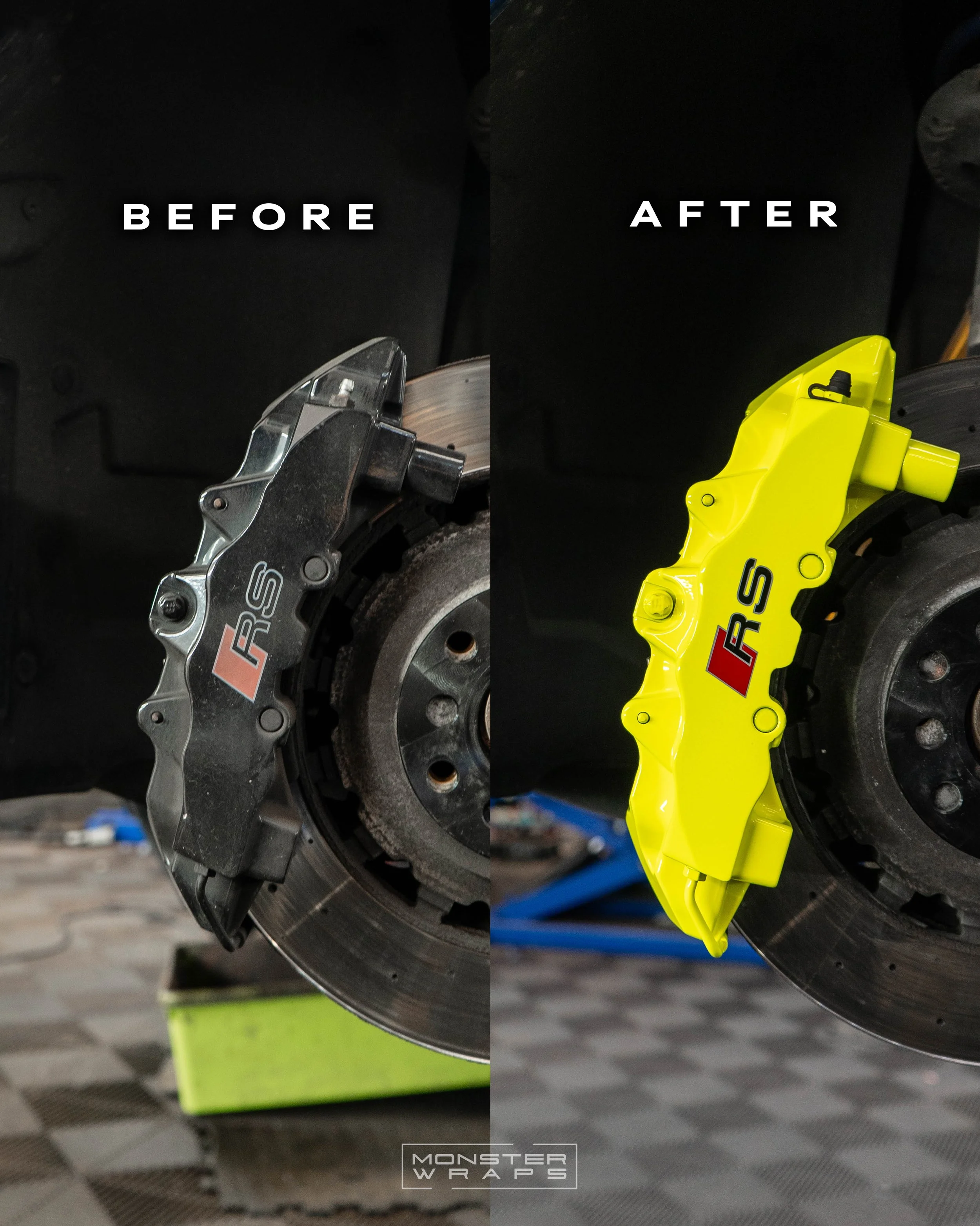 Audi RS3 8V brake calipers painted gloss fluorescent yellow