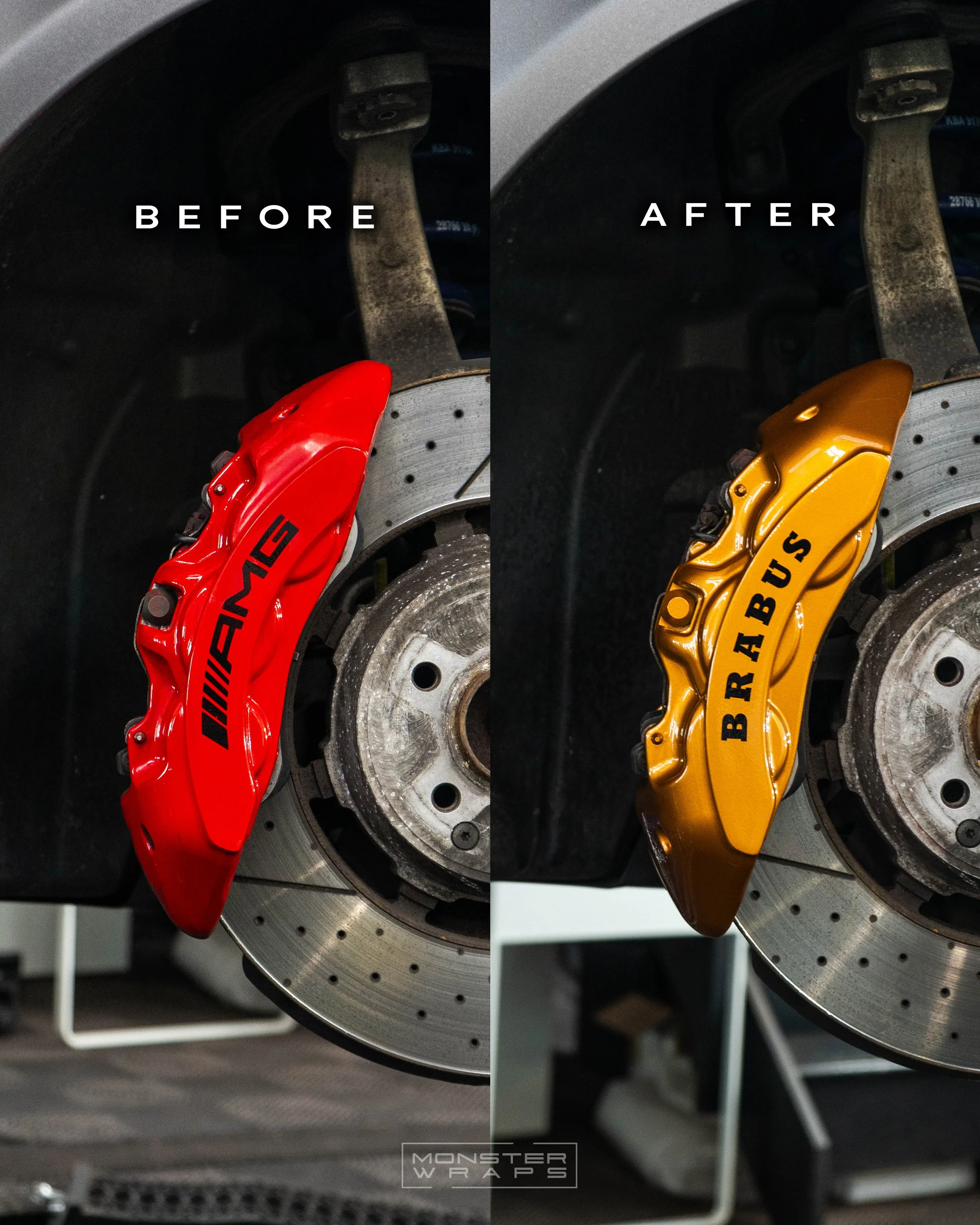 Mercedes AMG C63S C Class W205 brake calipers painted in Gloss Copper Metallic with custom Gloss Black ‘Brabus’ decals.