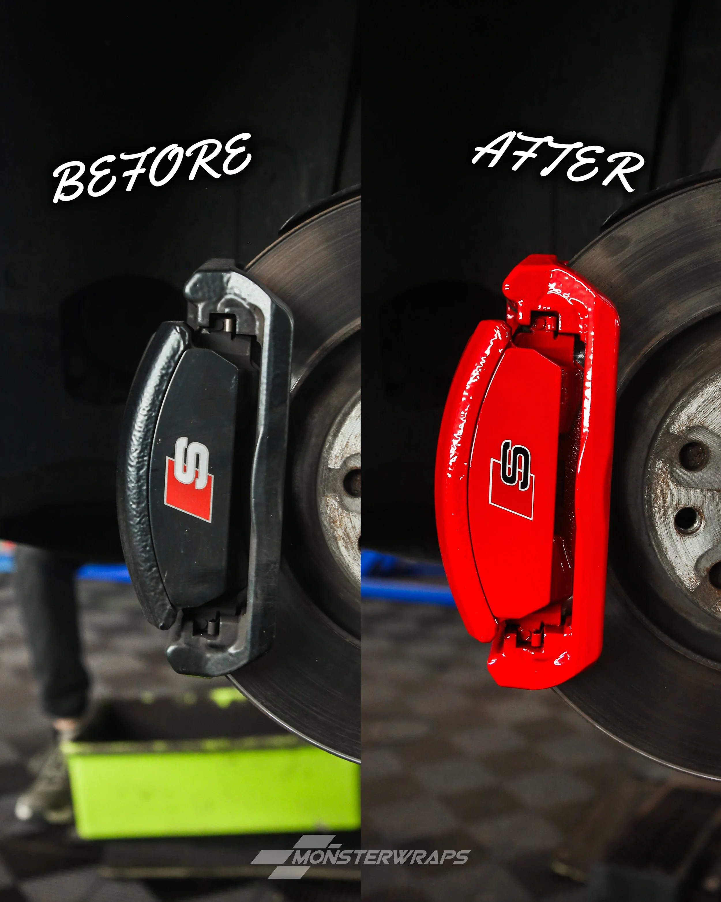 audi A3 S3 brake calipers painted in gloss bright red
