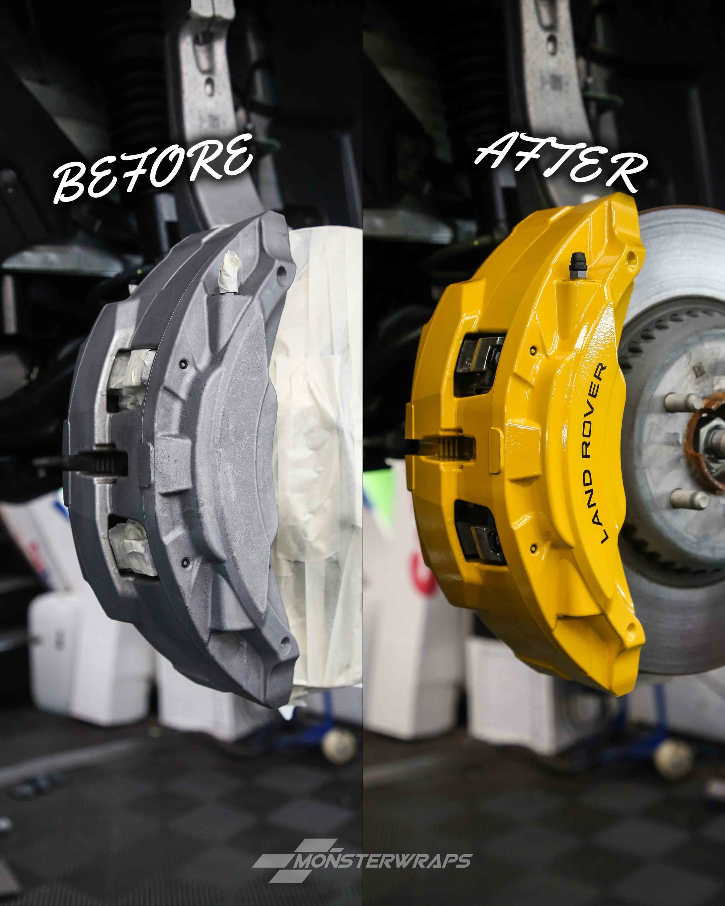 land rover discovery brake calipers painted in gloss bright yellow