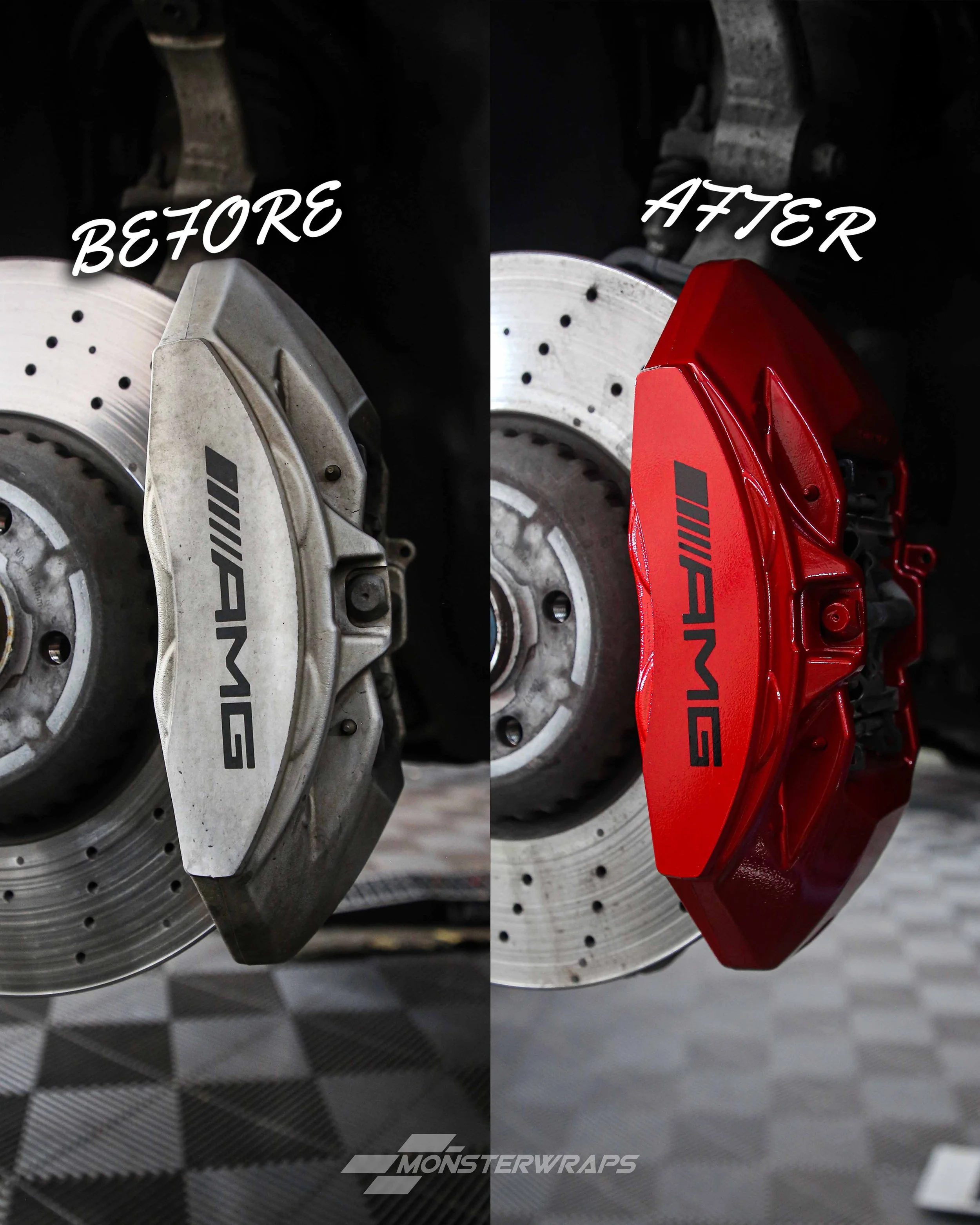 mercedes amg e63 brake calipers painted in gloss metallic red