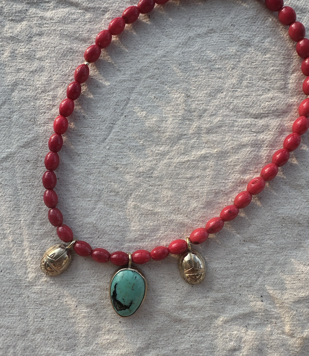 Turquoise + Scarab on Coral strand