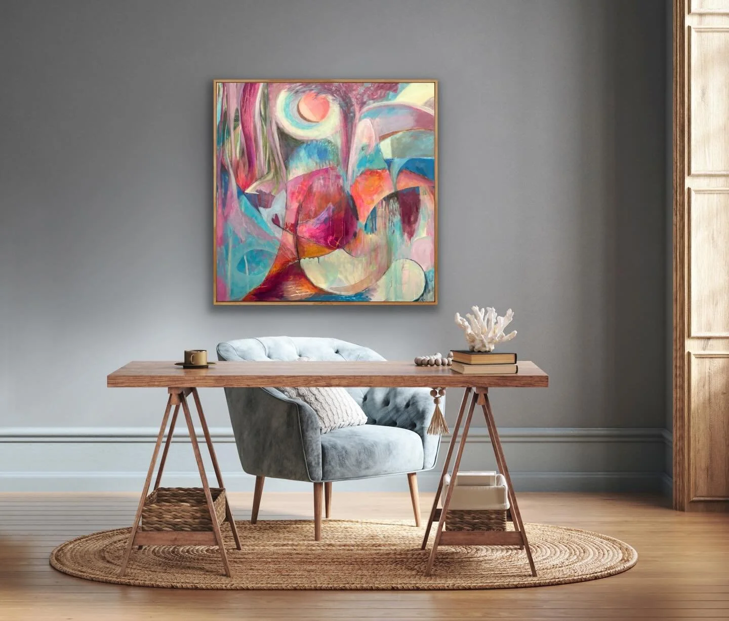 &lsquo;Thrive&rsquo;
A large expressive abstract painted intuitively, it unfolded into a reflection on the wish for both nature and loved ones to flourish, a celebration of growth, resilience, and quiet strength. 
A strong one, I feel. 

Looking love