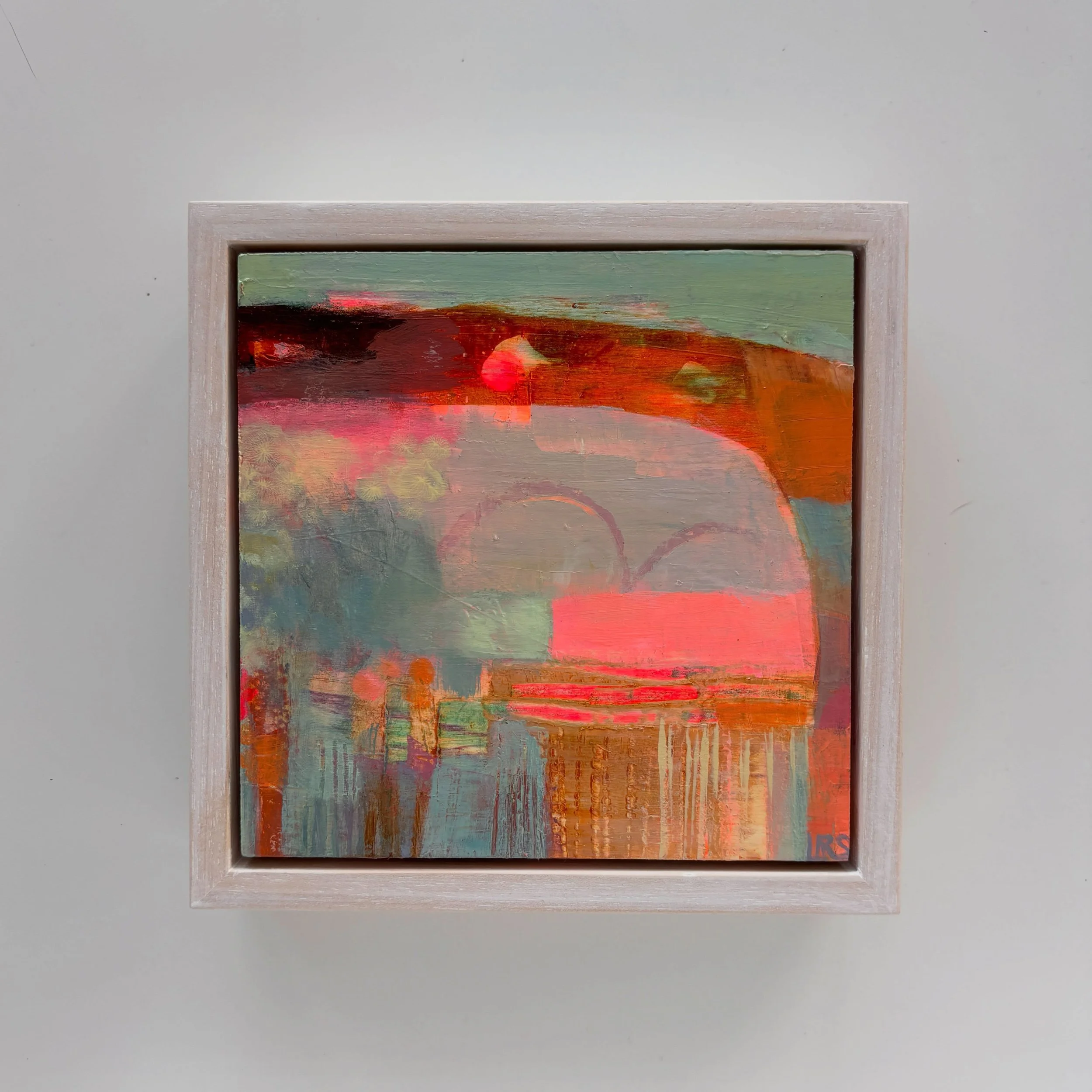 Sunset Embrace, one of my expressive abstracts, has settled into its new home.

It&rsquo;s gone to live with one of my lovely collectors, who&rsquo;s been gathering my work for a while now, and she kindly sent me this photo of two of them together on