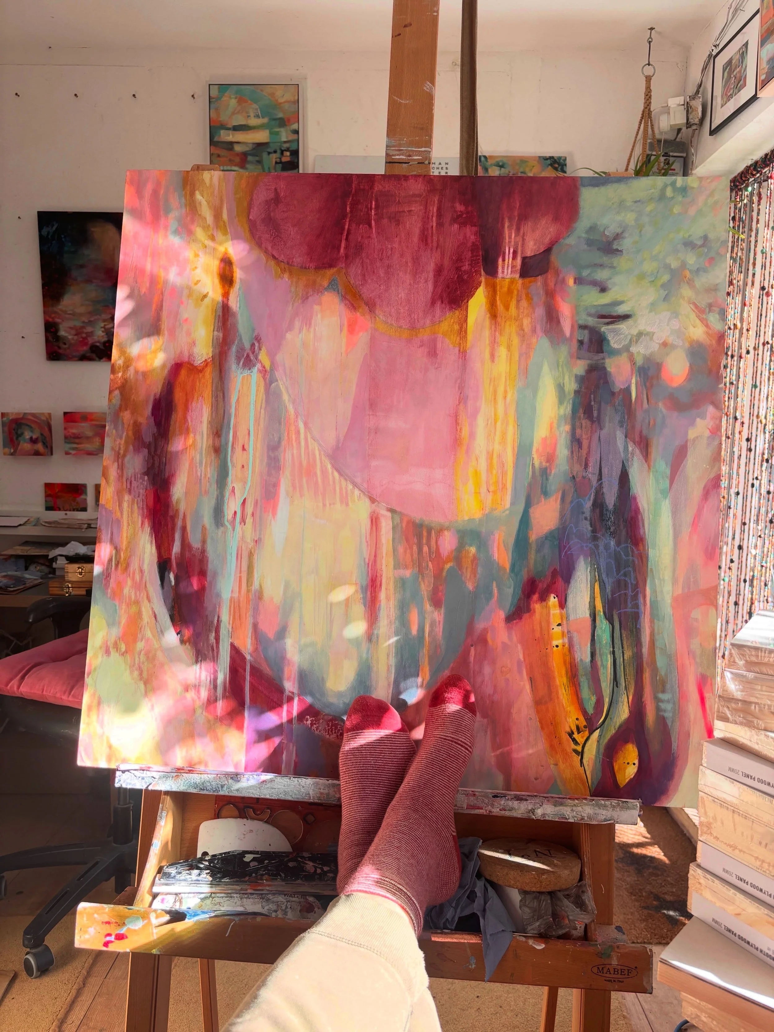 Feet up for 5 mins for a good coat of looking at ☕️ 🍪

This one was soaking up the sunshine today and coming along nicely ☀️ 

One of the new paintings I&rsquo;m working on for Manchester Art Fair. 

Subscribers, details and tickets will be landing 