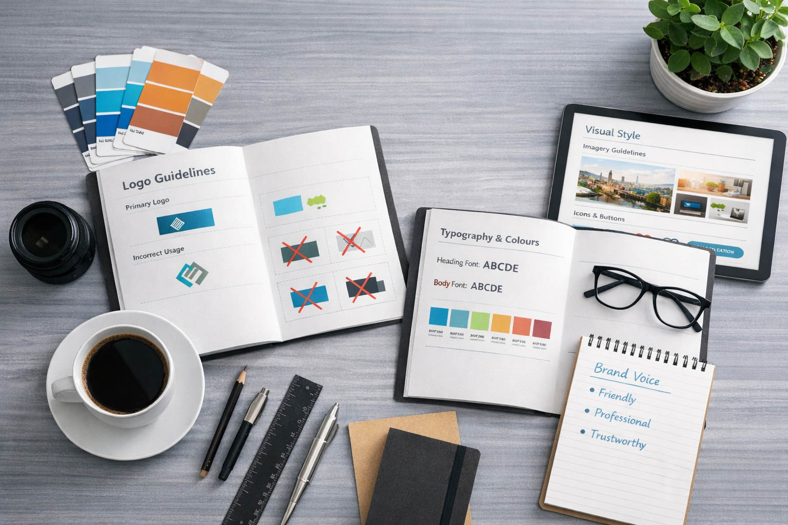 Brand style guide layout on a designer’s desk, showing logo usage, typography and colour palettes for consistent web and brand design