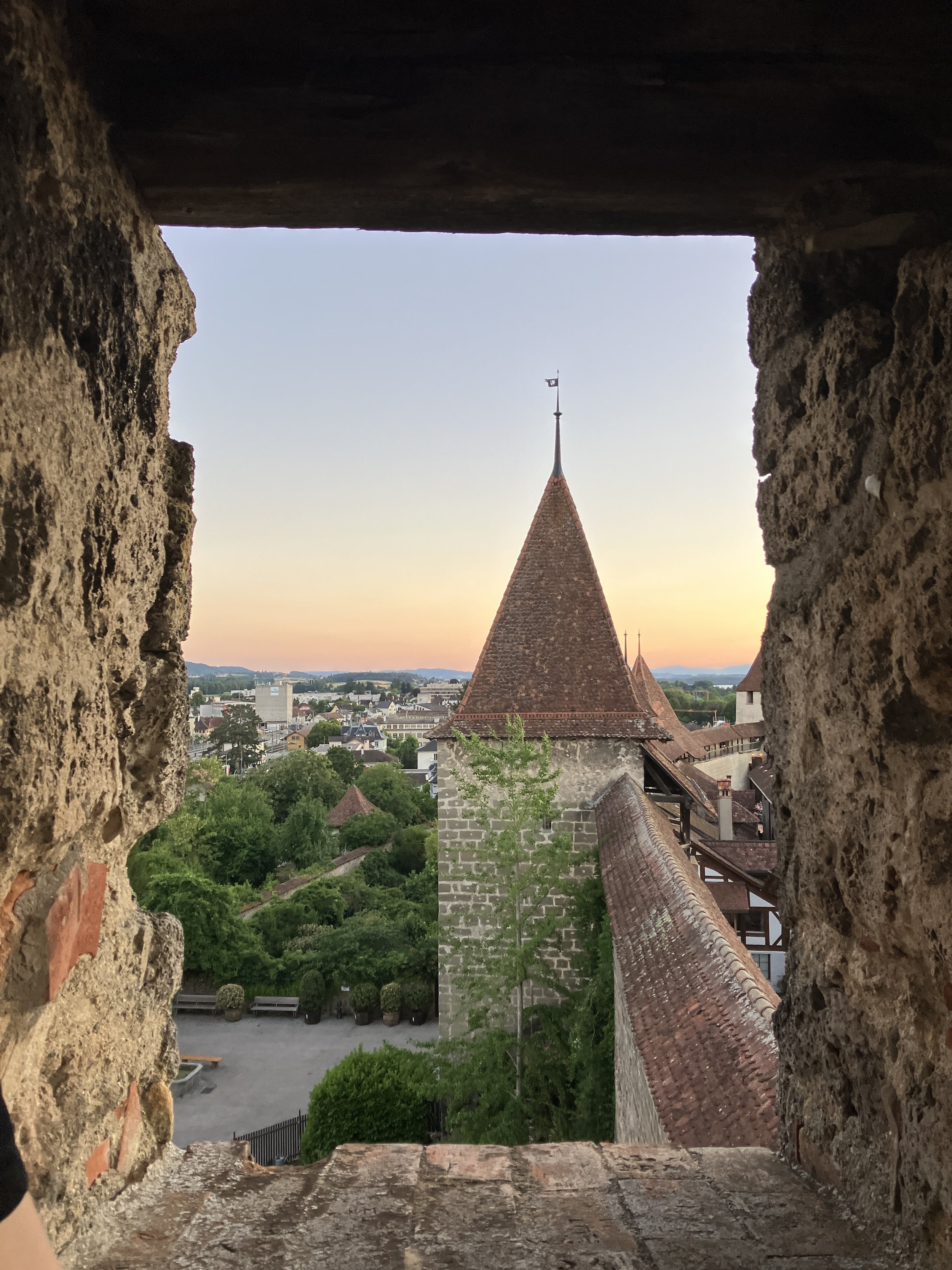 Ausblick auf Murten im Sonnenuntergang