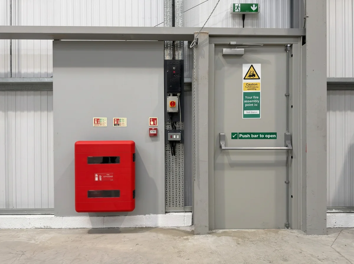 Manual call point with fire extinguisher cabinet.