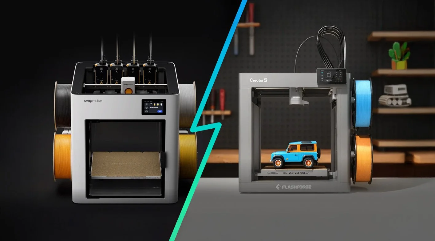Snapmaker U1 tool changer 3D printer next to Flashforge Creator 5 tool changer 3D Printer