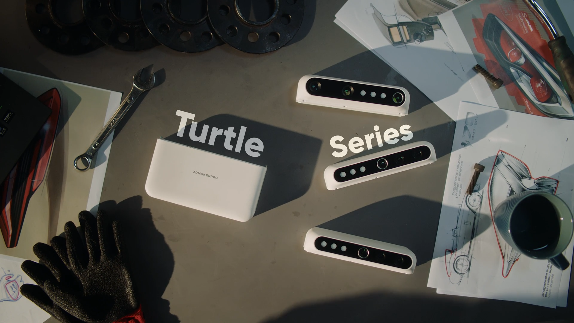 The Turtle 3D scanner broken into it's 4 optional modules