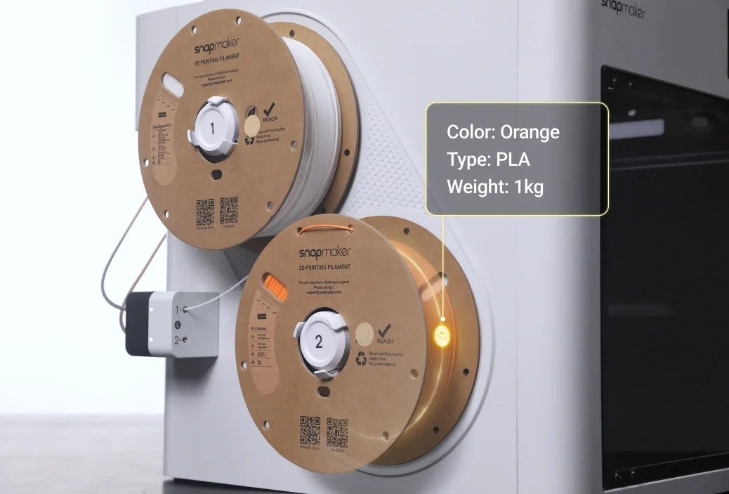 Side of Snapmaker U1 with two spools loaded using NFC chip