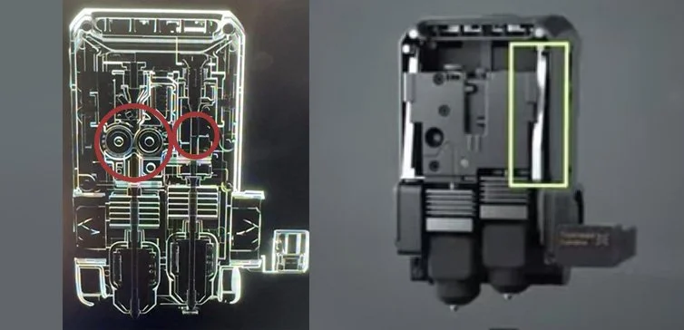 The dual extrusion mechanism using one bowden and one direct drive extruder