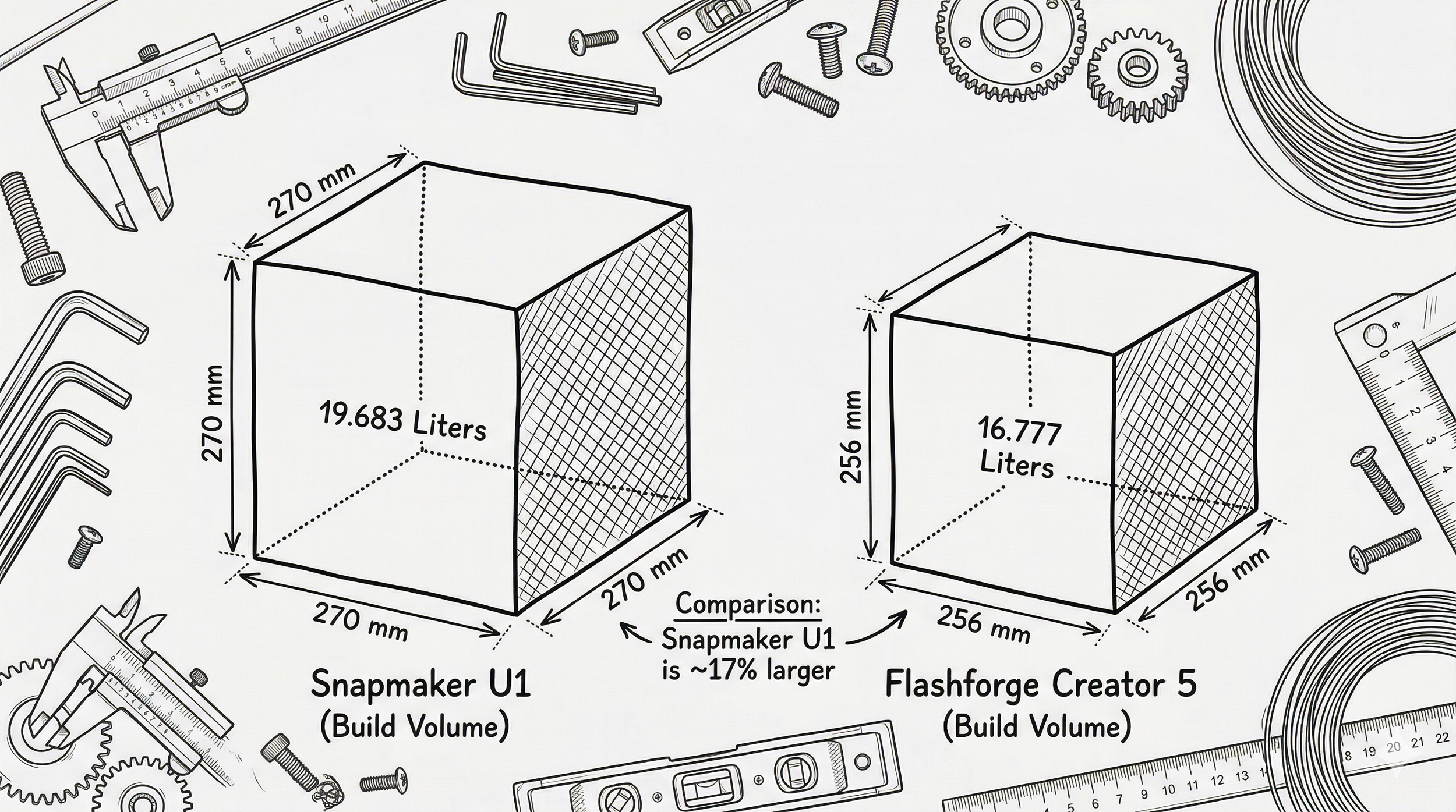 Snapmaker U1 and Creator 5 build volumes compared in an illustration.