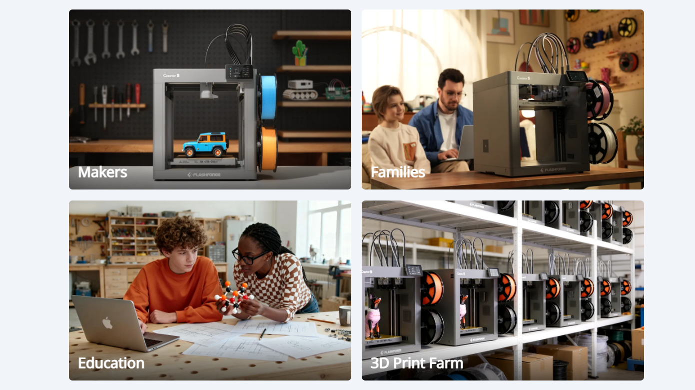 Flashforge Creator 5 multi-material 3D printed objects showing different use cases for makers and educators