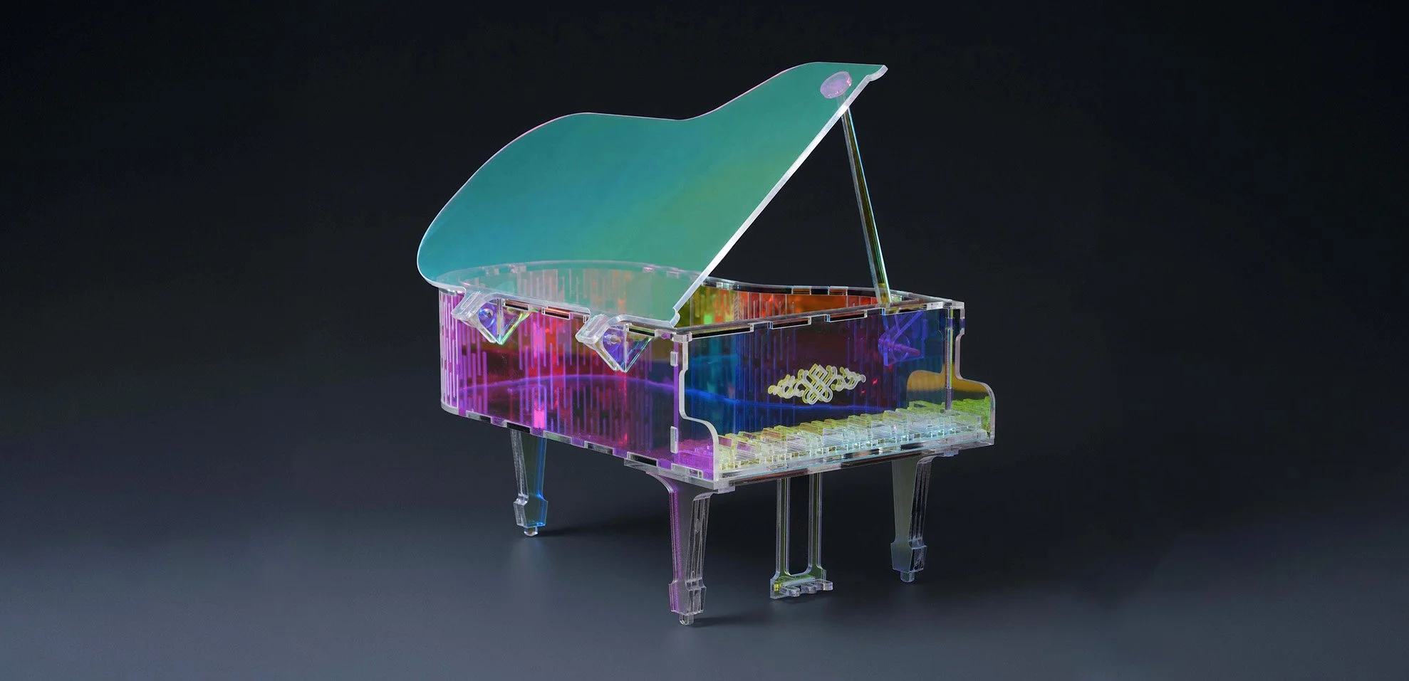 Clear and toned acrylic cut into a piano with the R1