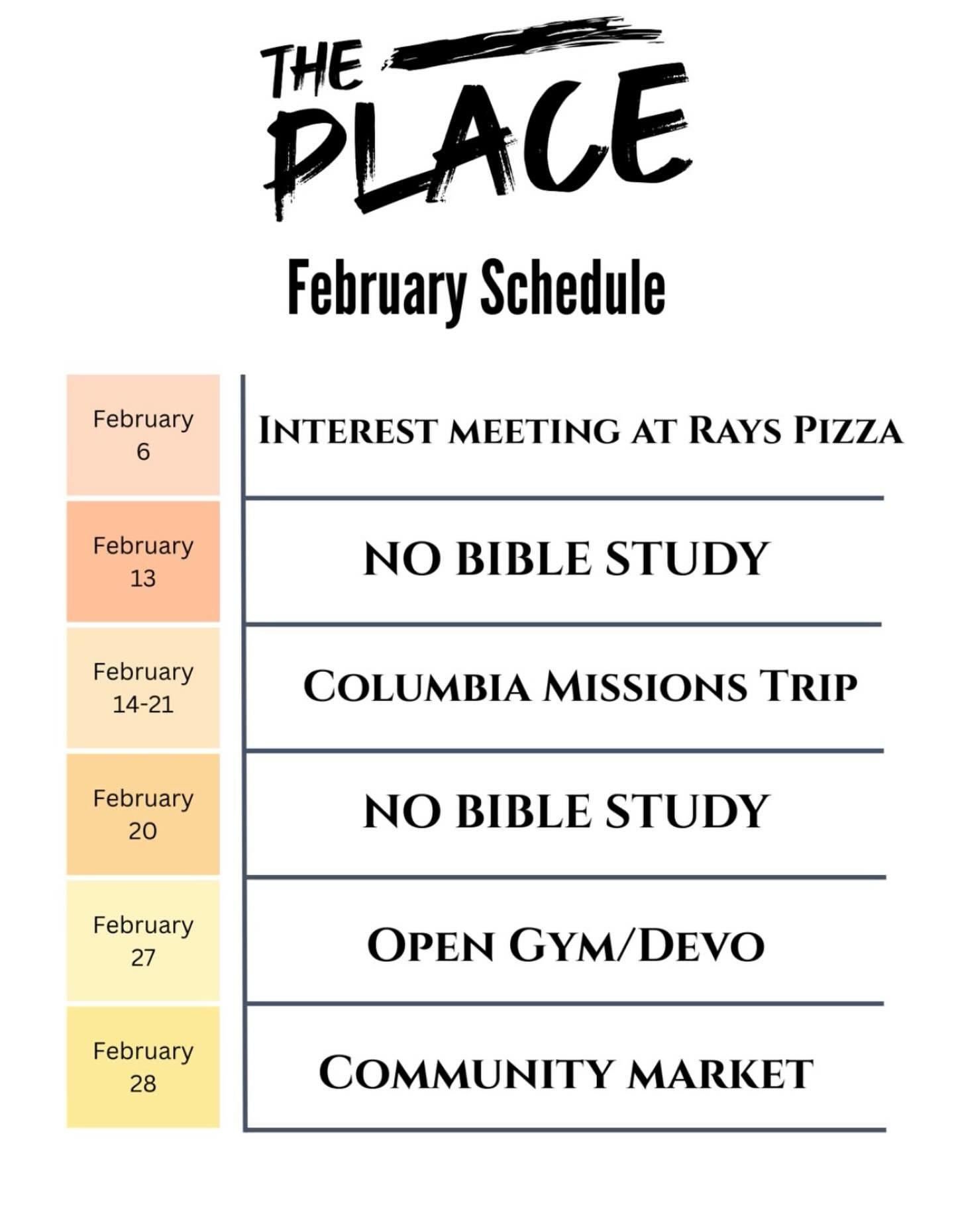 Starting this month we will post schedules to help everyone remember what bible study will look like.

Changes can always happen so stay tuned for any